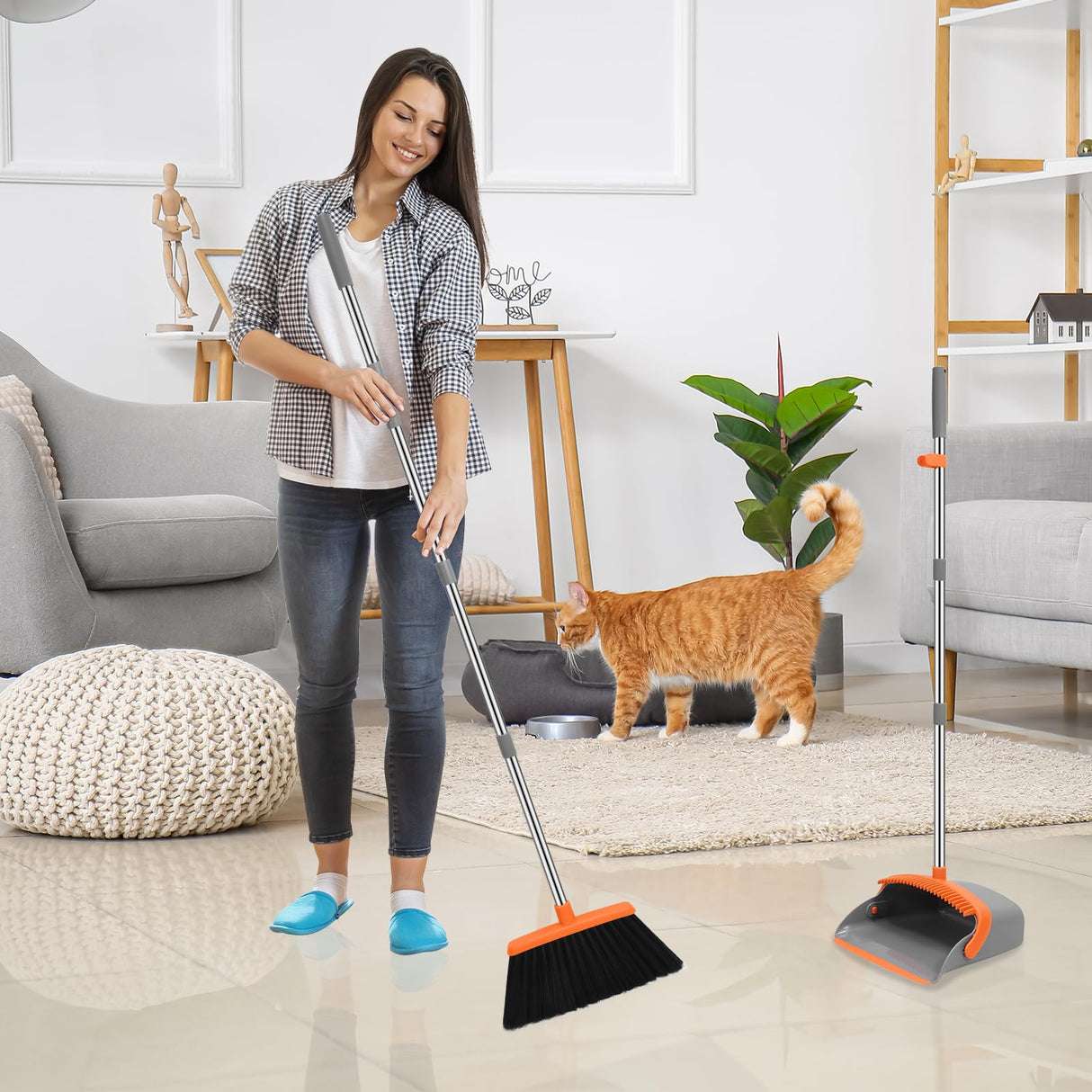 NACENA Broom and Dustpan Set, 52-in Long Adjustable Handle Broom Dustpan Combo with Dustpan Teeth to Automatically Clean Hair Suitable for Home Kitchen Office Hall Floor (Grey&Orange), 2 Pack