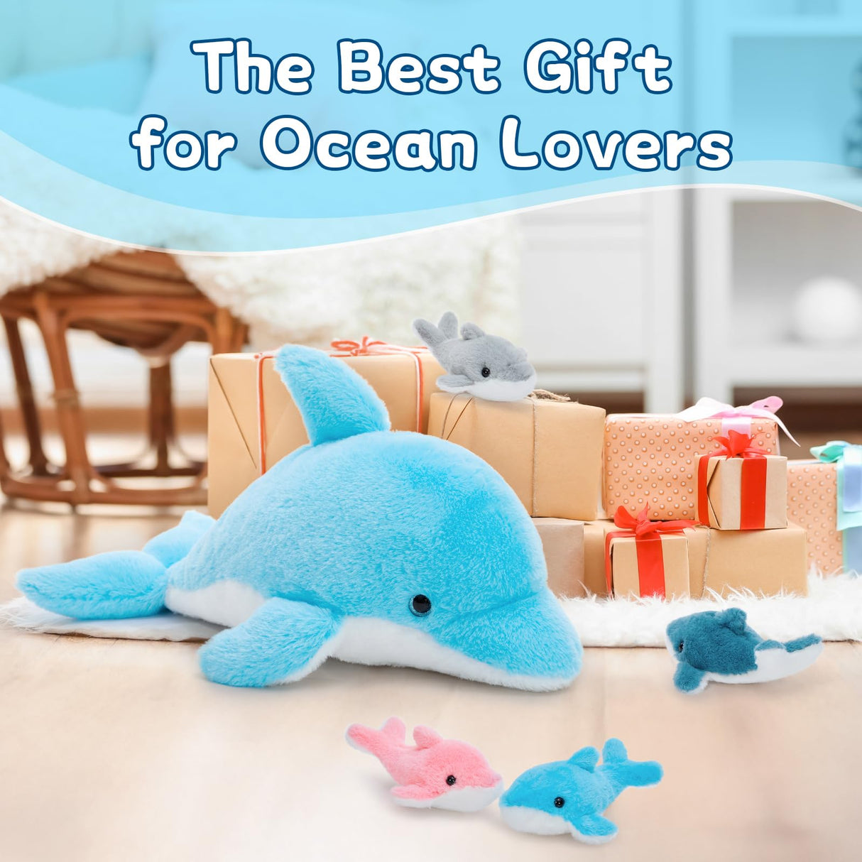 Tezituor Dolphin Stuffed Animal with 4 Babies, 20.5" Large Dolphin Plush Toy Realistic Ocean Stuffed Animals Soft Plushies Home Decor Christmas Birthday Gifts for Boys Girls Kids