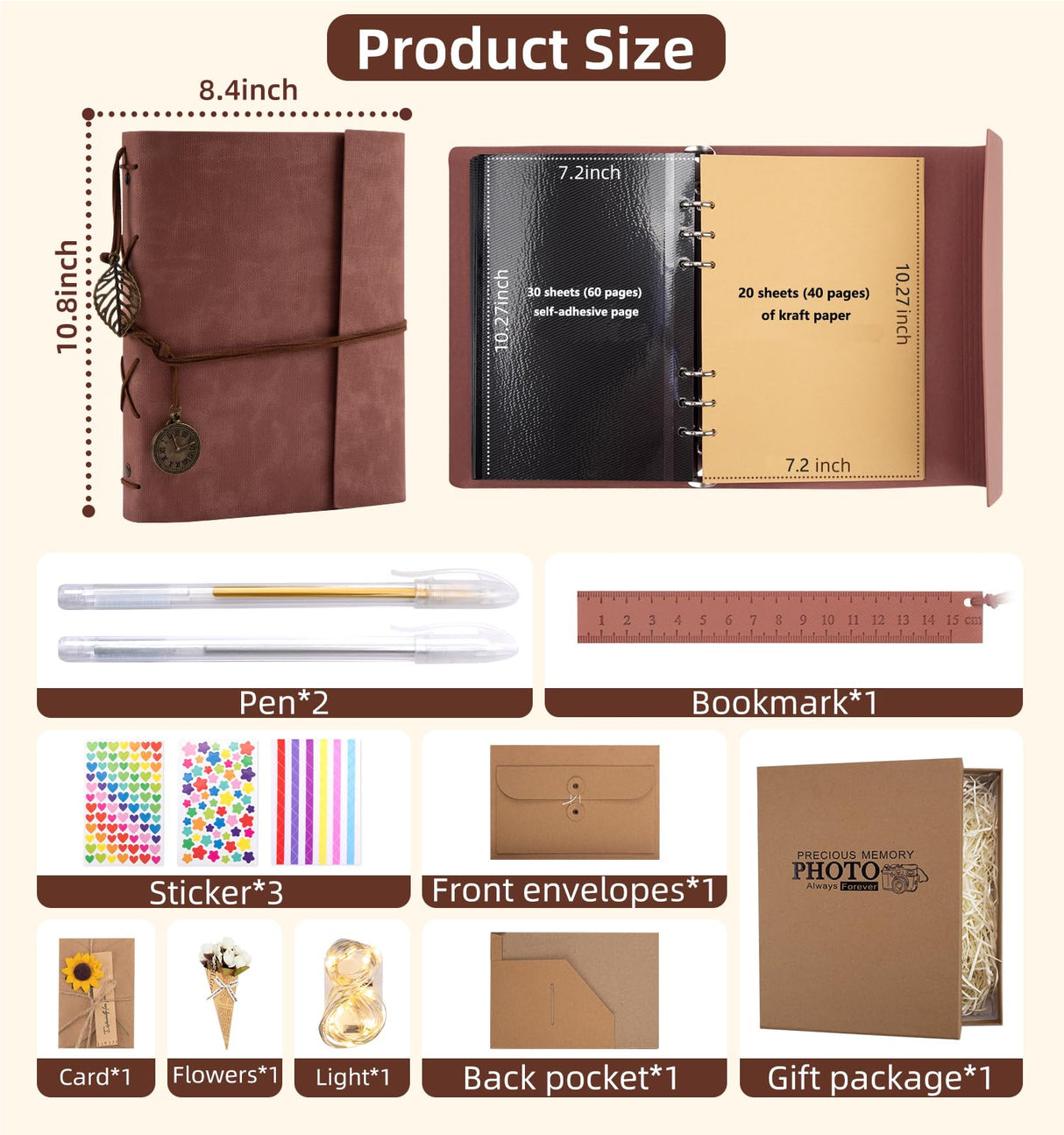 ALKALO Scrapbook Photo Album 100 Pages, 60 Pages Self Adhesive+40 Pages Kraft Paper DIY Photo Book for 2x3 3x5 4x6 5x7 Pictures, Leather Memory Book for Wedding Baby Family Travel Birthday Christmas