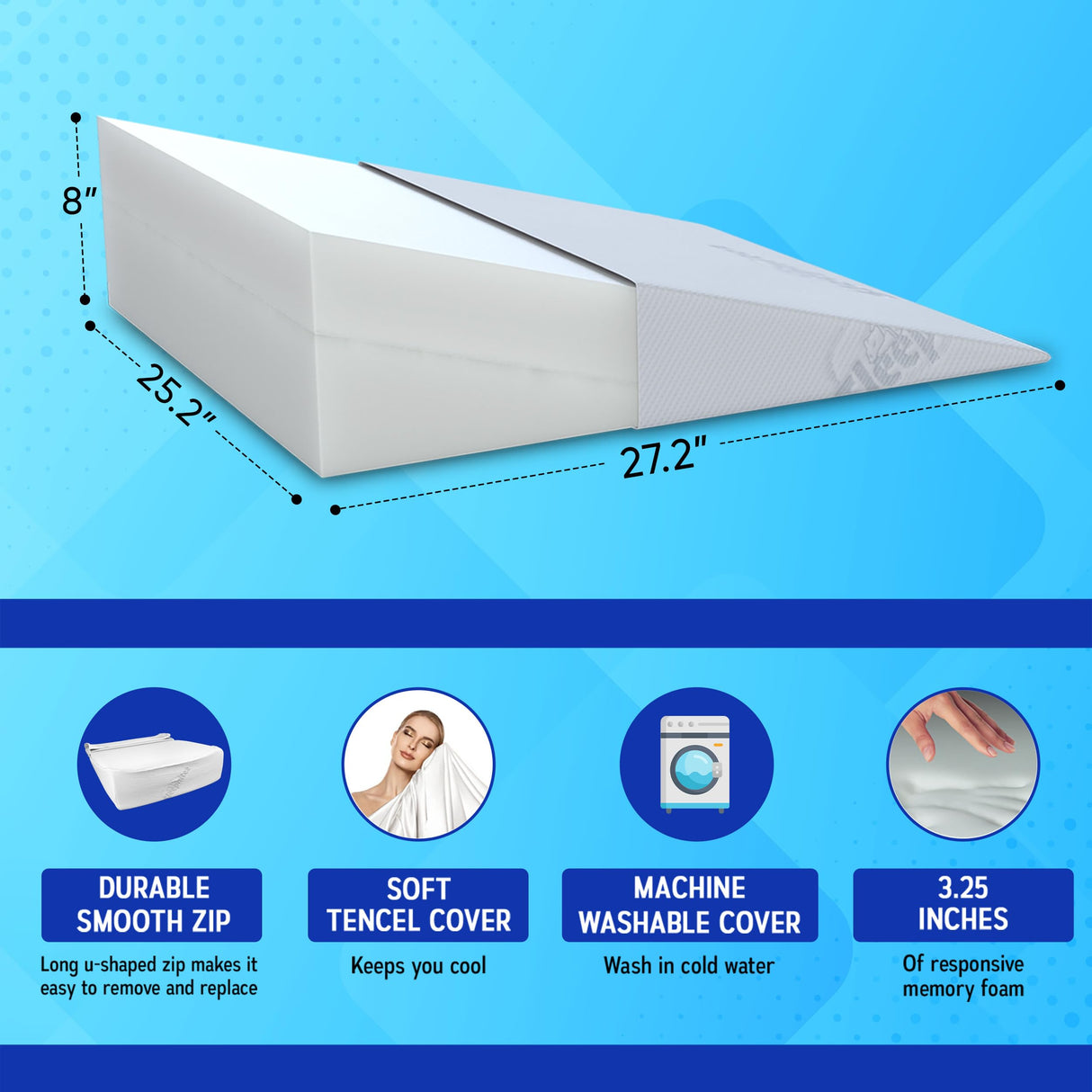 Sleepnitez FSA HSA Eligible 8" Bed Wedge Pillow – Memory Foam Wedge for Sleeping, Acid Reflux Pillow for Snoring, GERD, Pregnancy – Luxurious 3.25" Memory Foam Top Layer