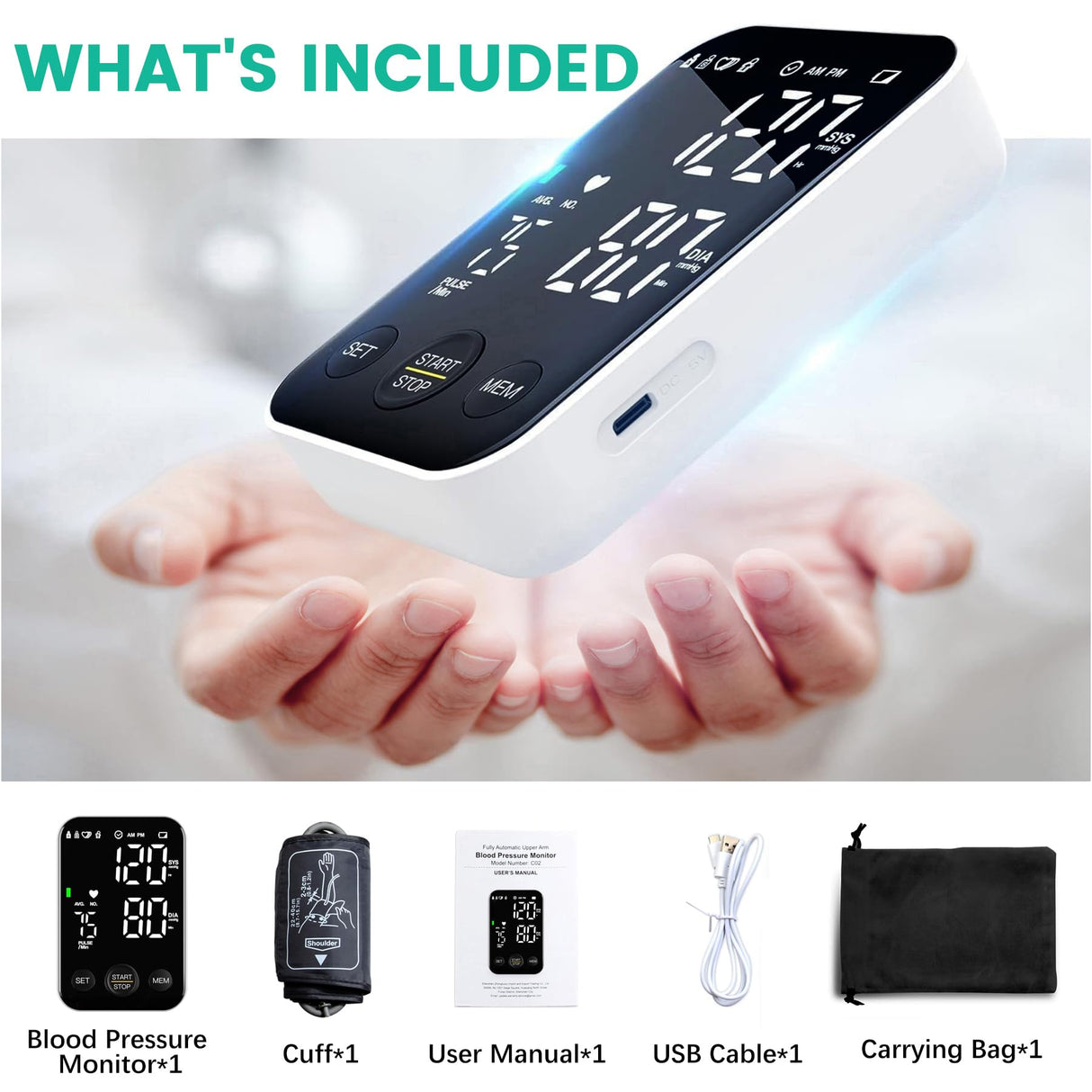 Oklar Blood Pressure Monitor Upper Arm Monitors for Home Use BP Machine Sphygmomanometer with 2x120 Reading Memory Adjustable Arm Cuff 8.7"-15.7" Large Display with LED Background Light Storage Bag