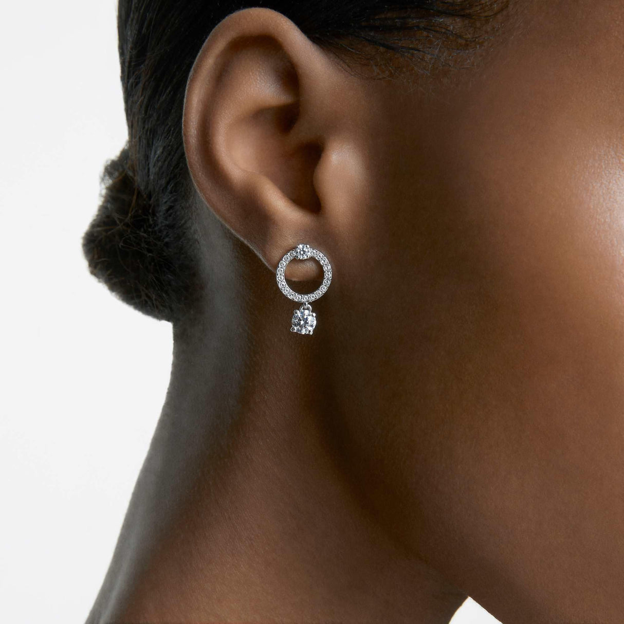 Swarovski Attract Circle Pierced Earrings with Circle Cut Crystals and matching Pavé on a Rhodium Plated Post with Butterfly Back Closure