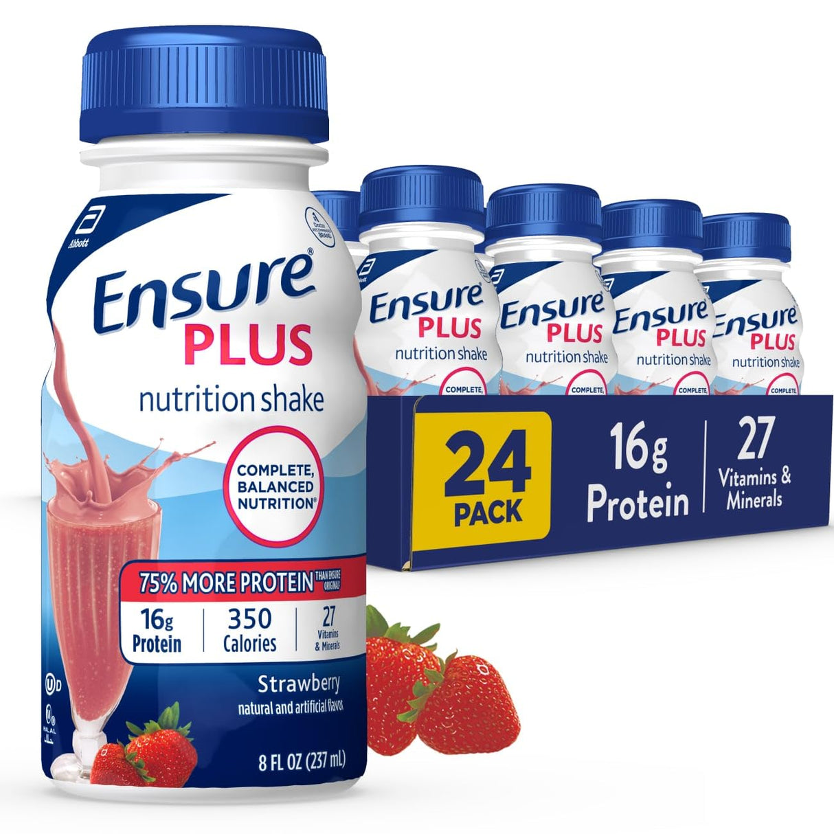 Ensure Plus Strawberry Nutrition Shake | Meal Replacement Shake | Ready To Drink | 16g Protein and 27 Vitamins and Minerals | 8 fl oz - 24 Pack