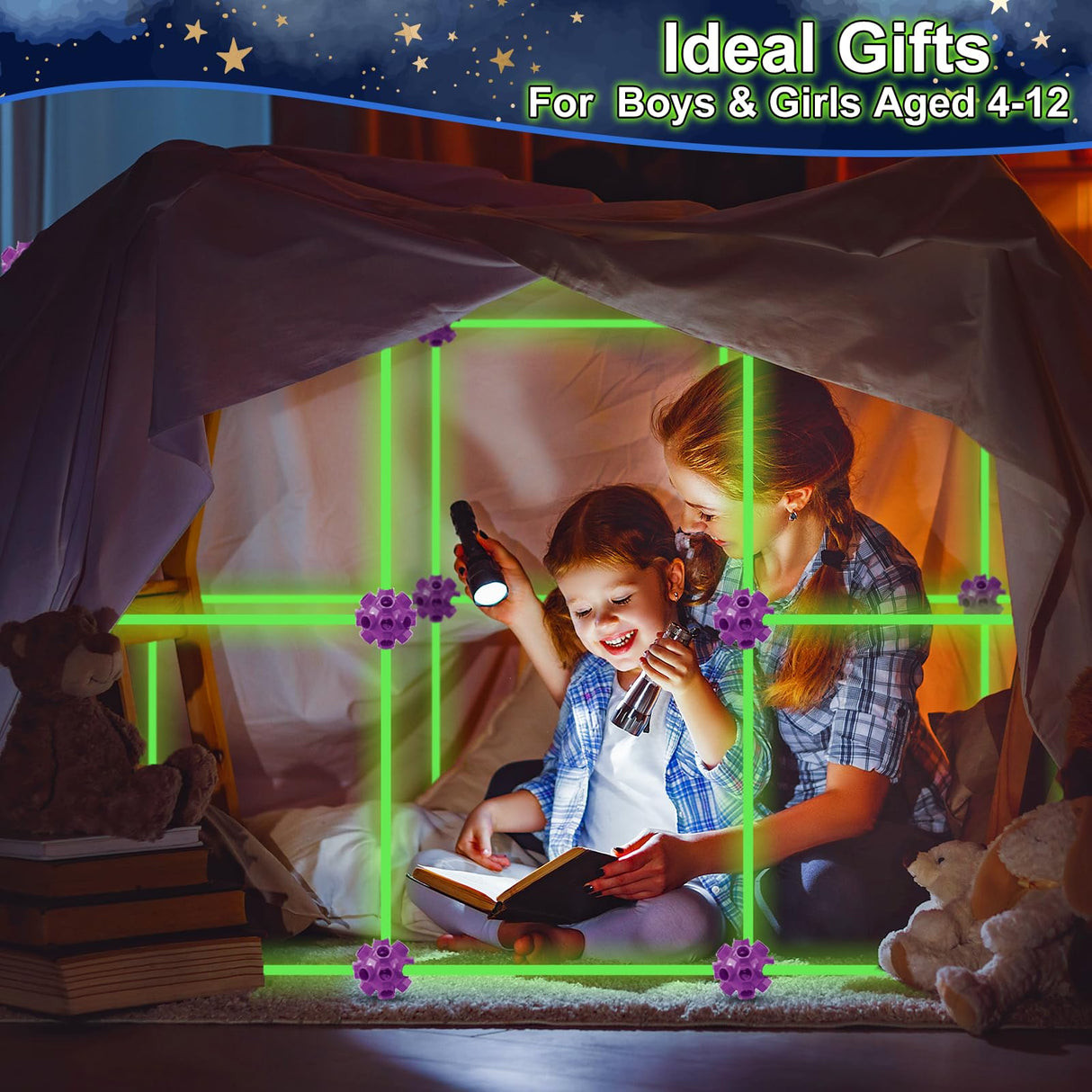 V-Opitos 140 Pack Glow in The Dart Fort Building Kits for Kids Age 4, 5, 6, 7, 8+ Years Old, STEM Building Toys for DIY Castles, Tunnels, Ideal Christmas, Birthday Gifts for Boys & Girls