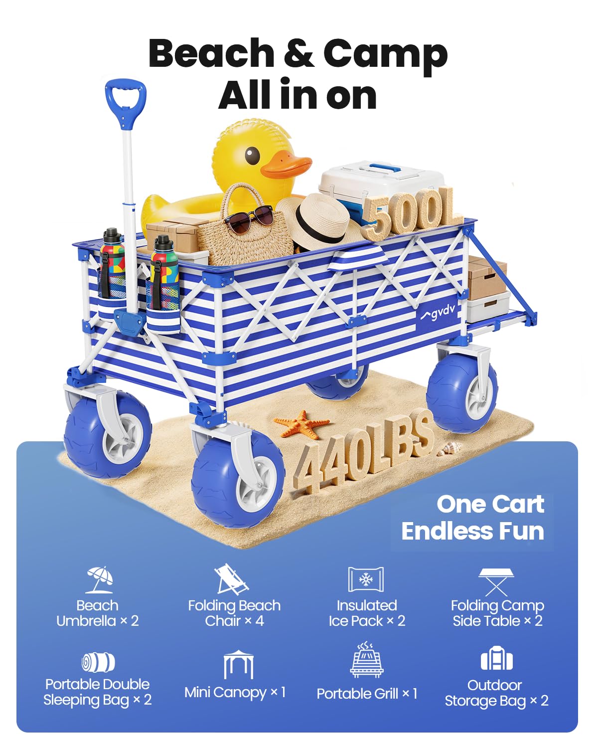 GVDV CW40 Beach Wagon with 9 in Big Balloon Wheels, Cart with Tailgate