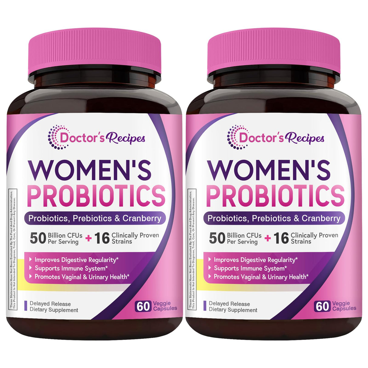 Doctor's Recipes Women's Probiotics, 50 Billion CFU 16 Strains, with Organic Prebiotics Cranberry, Shelf Stable, Delayed Release, 120 Capsules (Pack of 2), 60 Day Supply