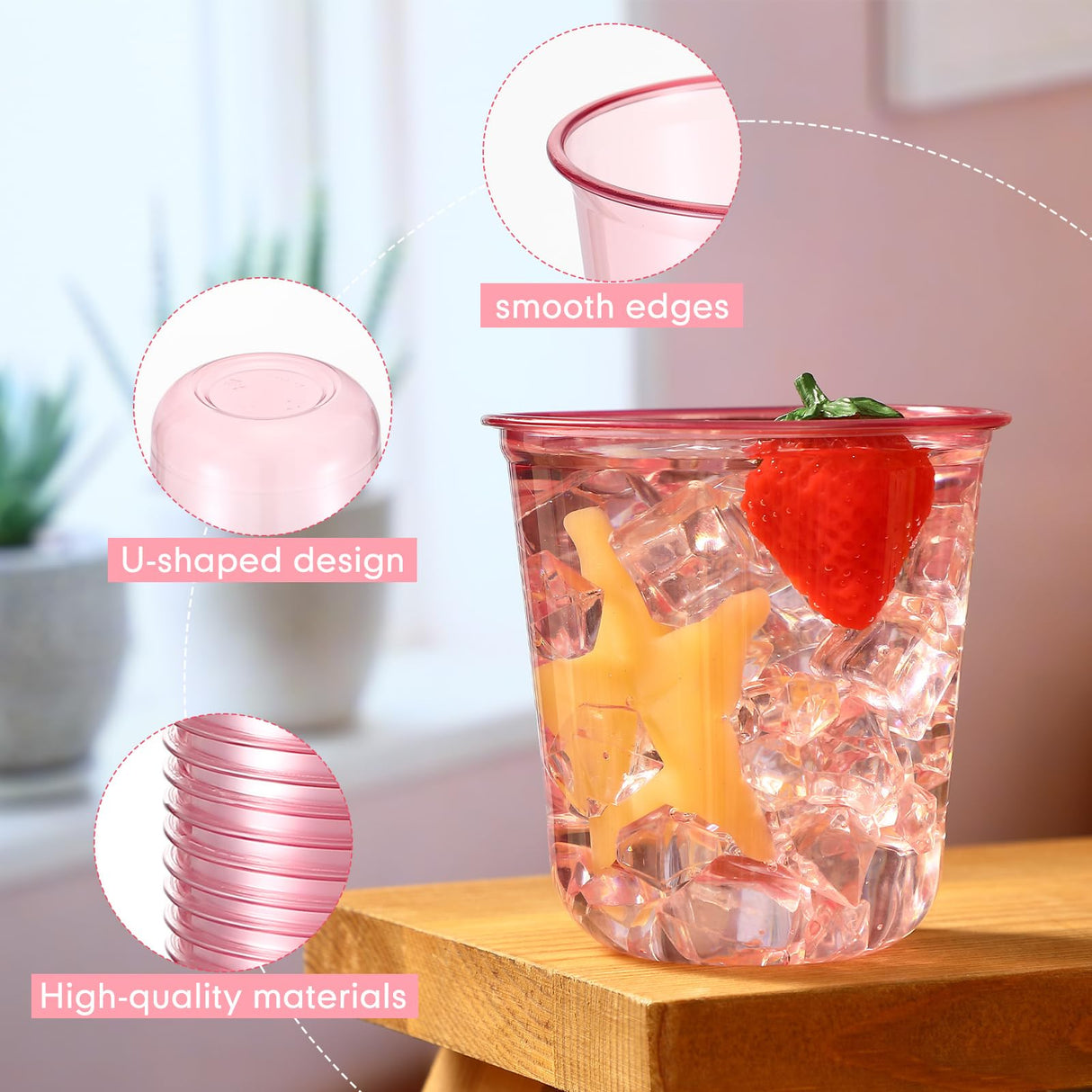 Ziliny 50 Pcs Disposable Stemless Glasses 12oz Crystal Plastic Wine Glasses Clear Classic Pet Cup for Meeting Weddings Birthdays Cocktail Christmas Party Supplies (Pink)