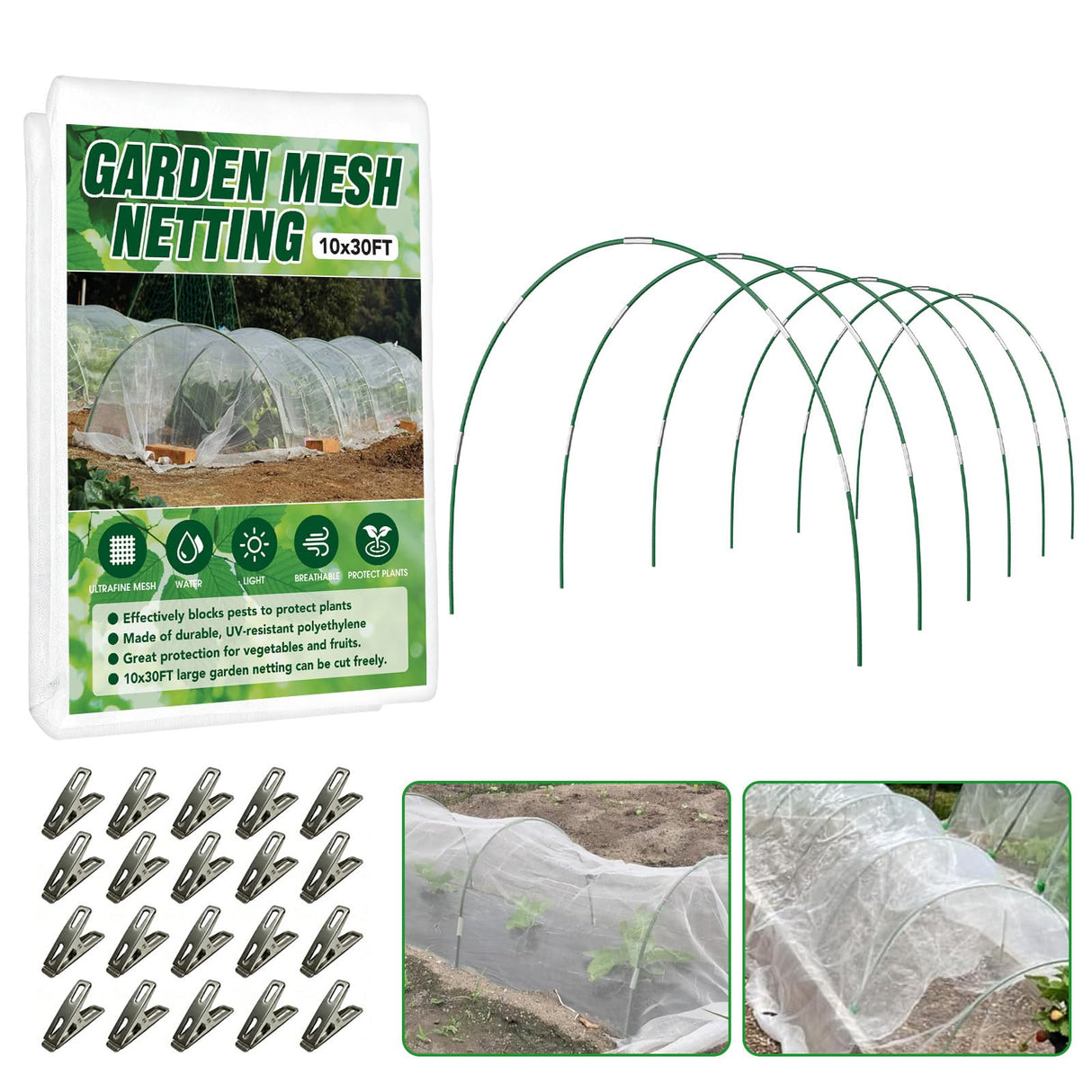 Garden Netting Kit for Raised Beds, 10x30FT Ultra Fine Mesh Netting &6 Sets Fiberglass Garden Hoops, Insect Netting for Garden Plant Row Cover Vegetable Flowers Protection Barrier