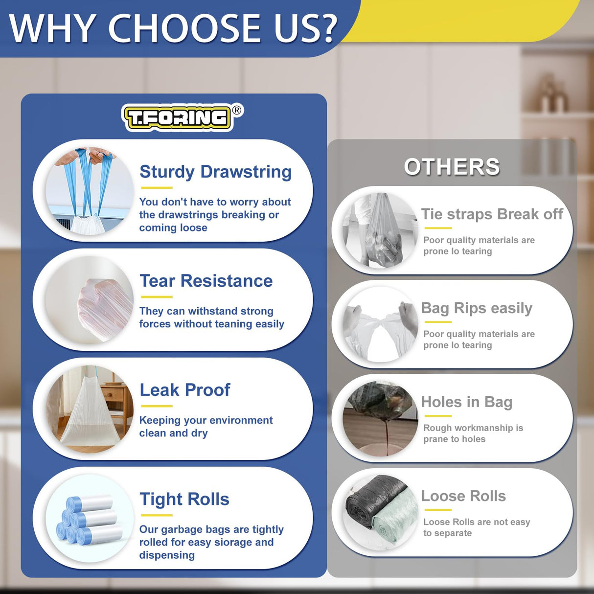 T.FORING 18 Gallon Trash Bags with Drawstring - 120 Count Heavy Duty 1.25 Mil Garbage Bags 68 Liter Tall Kitchen Bin Liners Unscented White for Home Yard Lawn