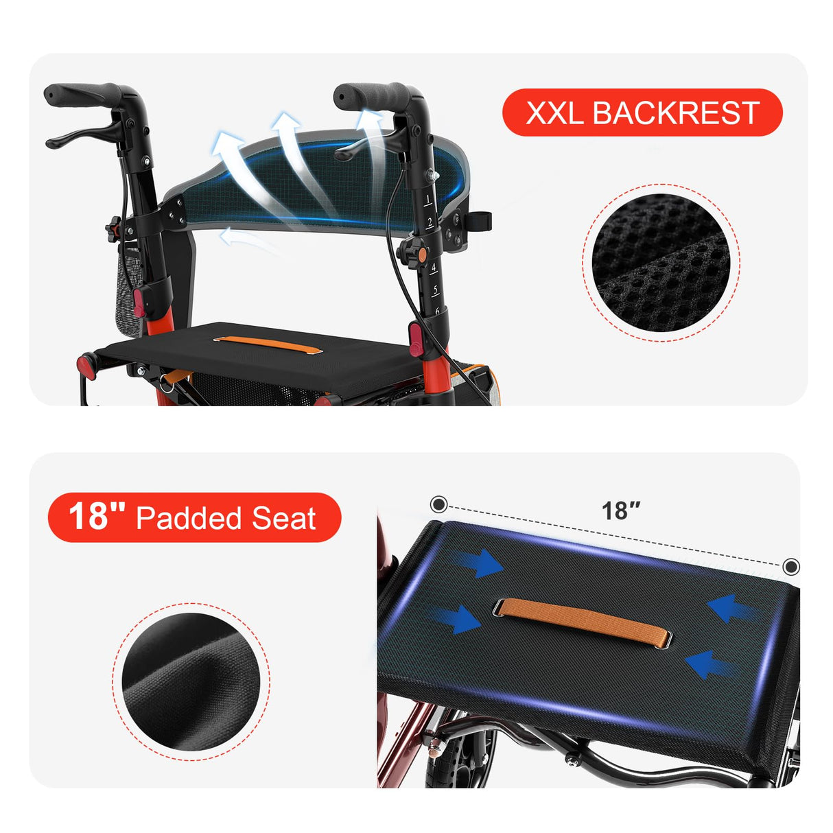 Rollator Walkers for Seniors with Seat, Foldable Walkers for Seniors, 8" All-Terrain Wheels, 18" Big Seat, 6-Level Adjustable Height Rolling Walker, 350 lb, Walker for Seniors & Adults (Red)