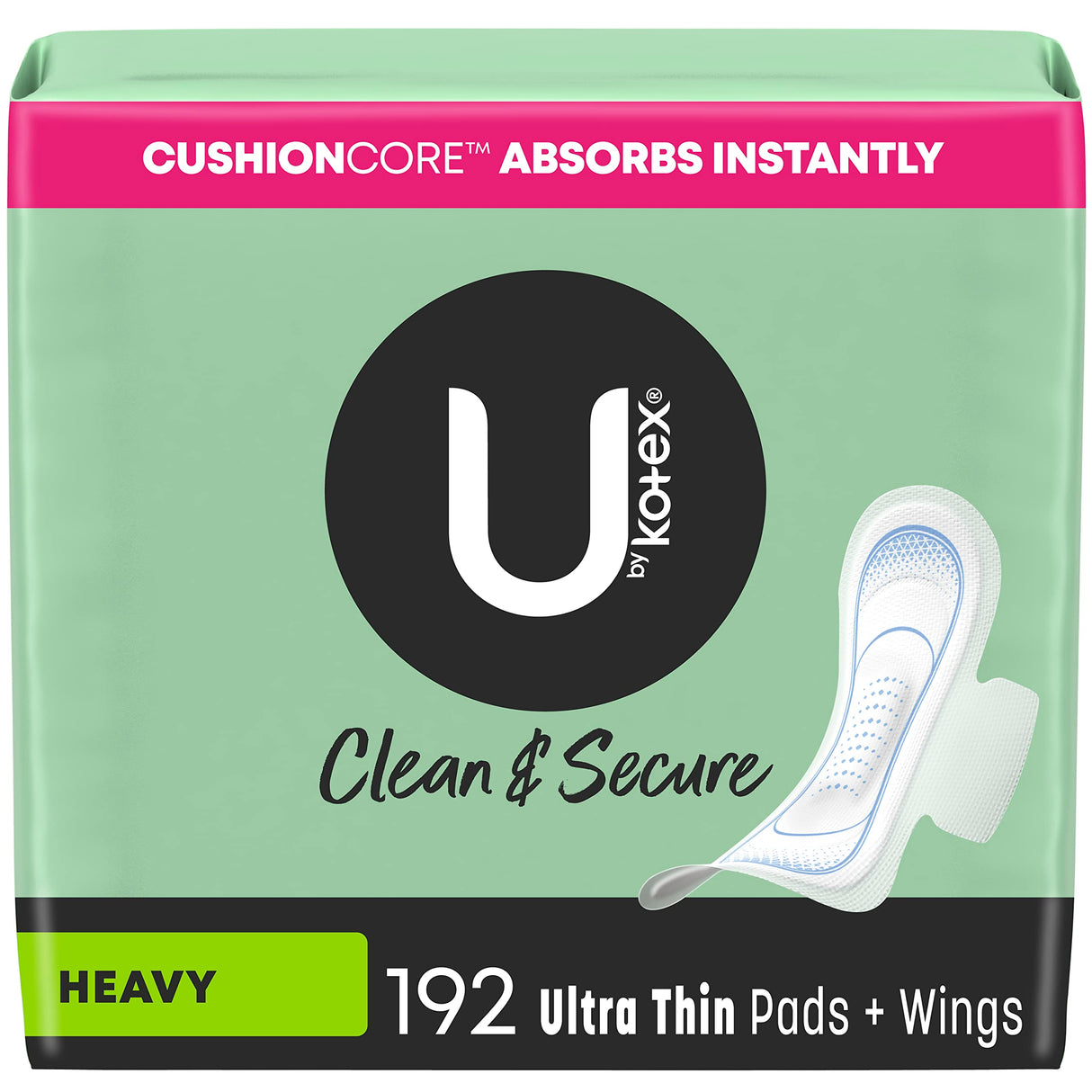 U by Kotex Clean & Secure Ultra Thin Pads with Wings, Heavy Absorbency, 192 Count (6 Packs of 32) (Packaging May Vary)