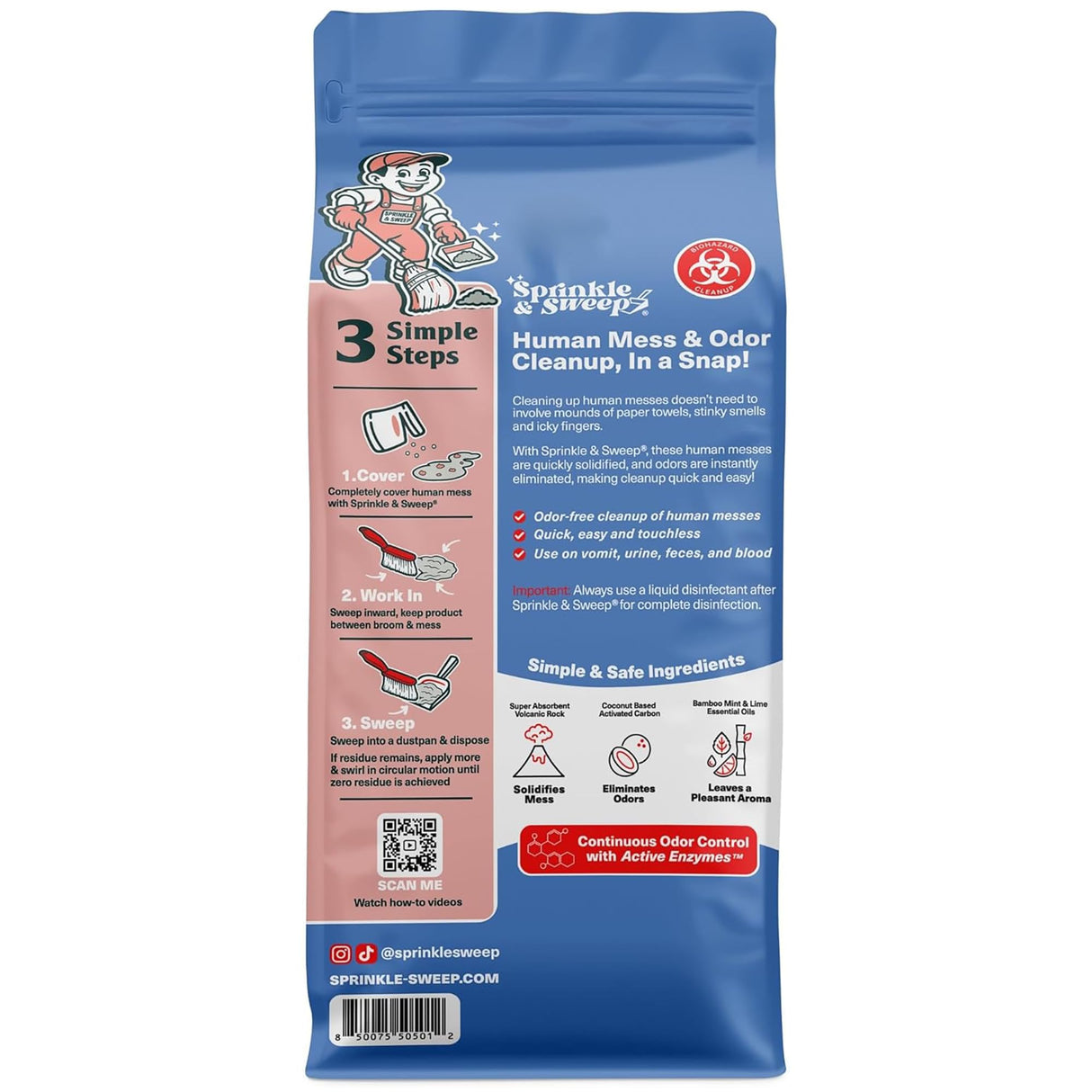 Sprinkle & Sweep: Biohazard Cleanup - 8oz - Human Bodily Fluid Solidifier, Enzyme Powder, Super Absorbent, Odor Elimination, Home-Facilities-School