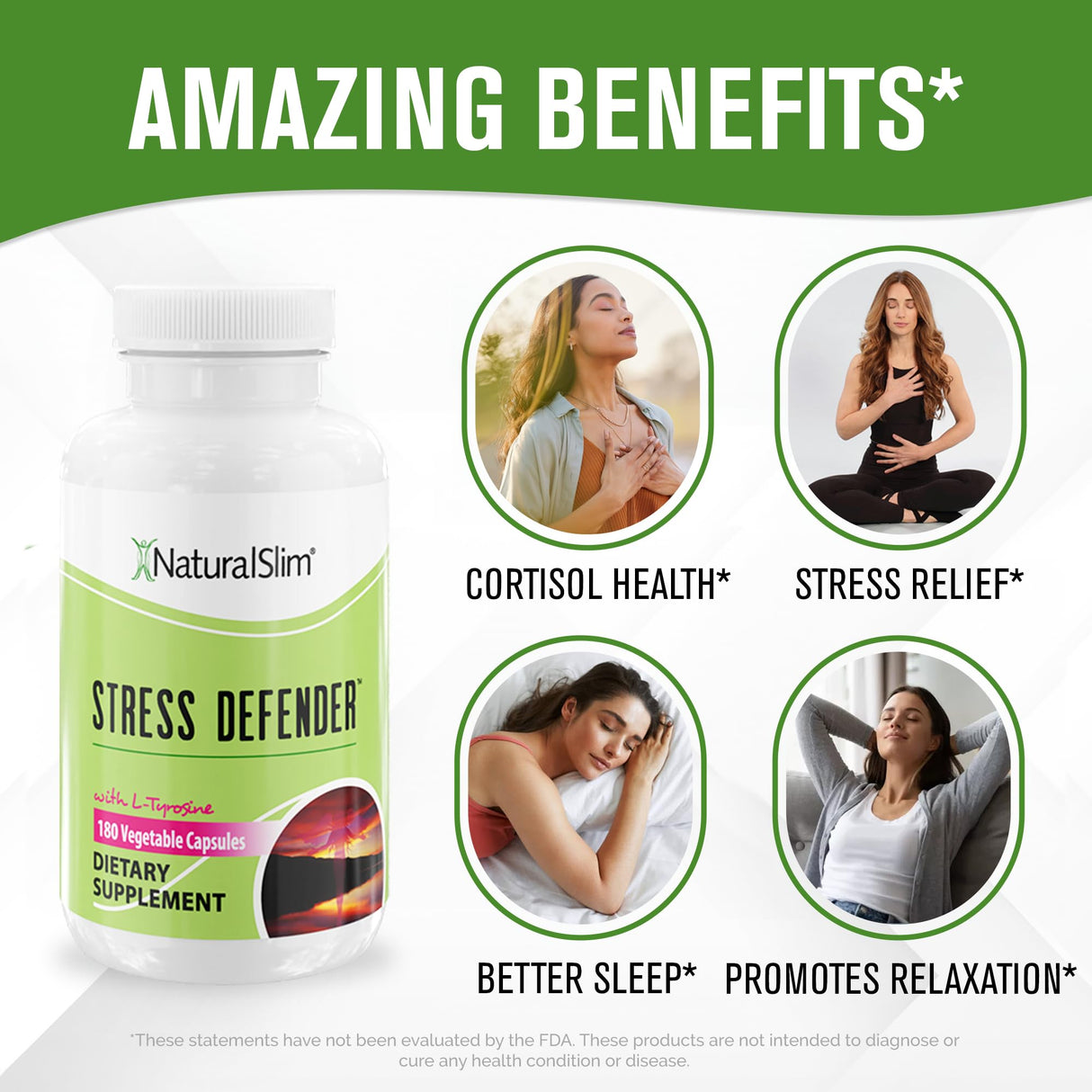 NaturalSlim Stress Relief Supplement - Stress Defender, High Cortisol Reducer, Control Cravings, Sleep & Metabolism Support with Vitamin B5 Pantothenic Acid & L Tyrosine - 180 Vegetable Capsules