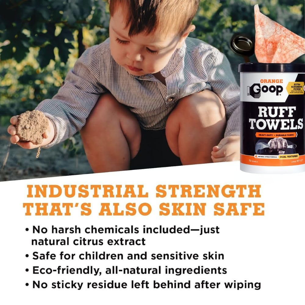 GOOP Orange Heavy Duty Ruff Towels with Scrubbing Power, 10โ x 12โ Dual Textured Multi-Purpose Cleaning Wipes, Removes Dirt, Grease, Oil, 72 Count