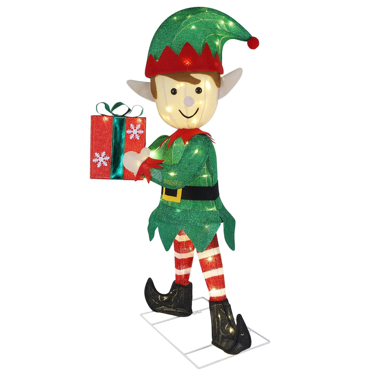 Hausse Lighted Christmas Outdoor Decor, 38" Height Pre-Lit 3D Tinsel Xmas Green Elf Figure, Light Up Xmas Yard Displays, Plug in for Holiday Party New Year Winter Patio Lawn Garden