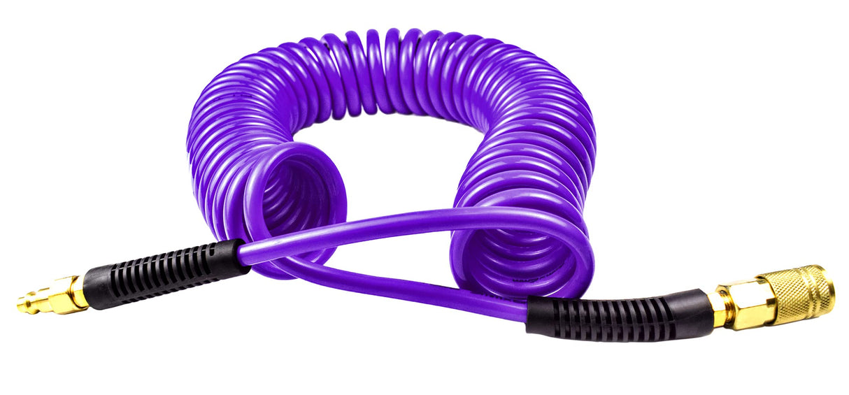 YOTOO Polyurethane Recoil Air Hose, Air Compressor Hose 1/4" Inner Diameter by 25' Long with Bend Restrictor, 1/4" Industrial Quick Coupler and Plug, Purple