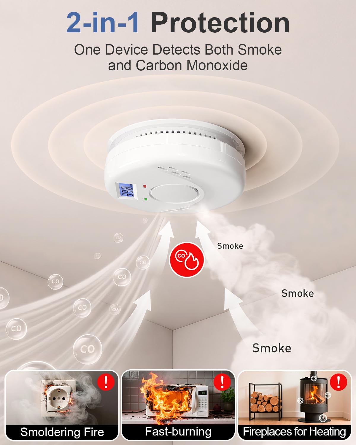 Smoke and Carbon Monoxide Detector, Battery Operated Fire Alarm with LCD Display & Test/Reset Button, Portable Photoelectric CO Smoke Detector Combo for Home, Apartment, RV & Travel, 1 Pack