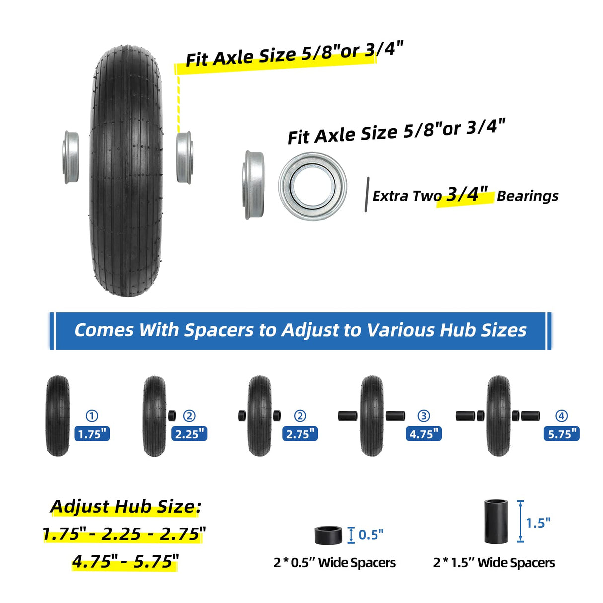 GICOOL 4.00-6 Tire and Wheel, 13" Wheelbarrow Pneumatic Tire, 5/8" & 3/4" Bearings, 1.75-6" Centered Hub,Sealed Bearings for Wheelbarrows Trolley Dolly Garden Wagon Cart Wheel Replacement