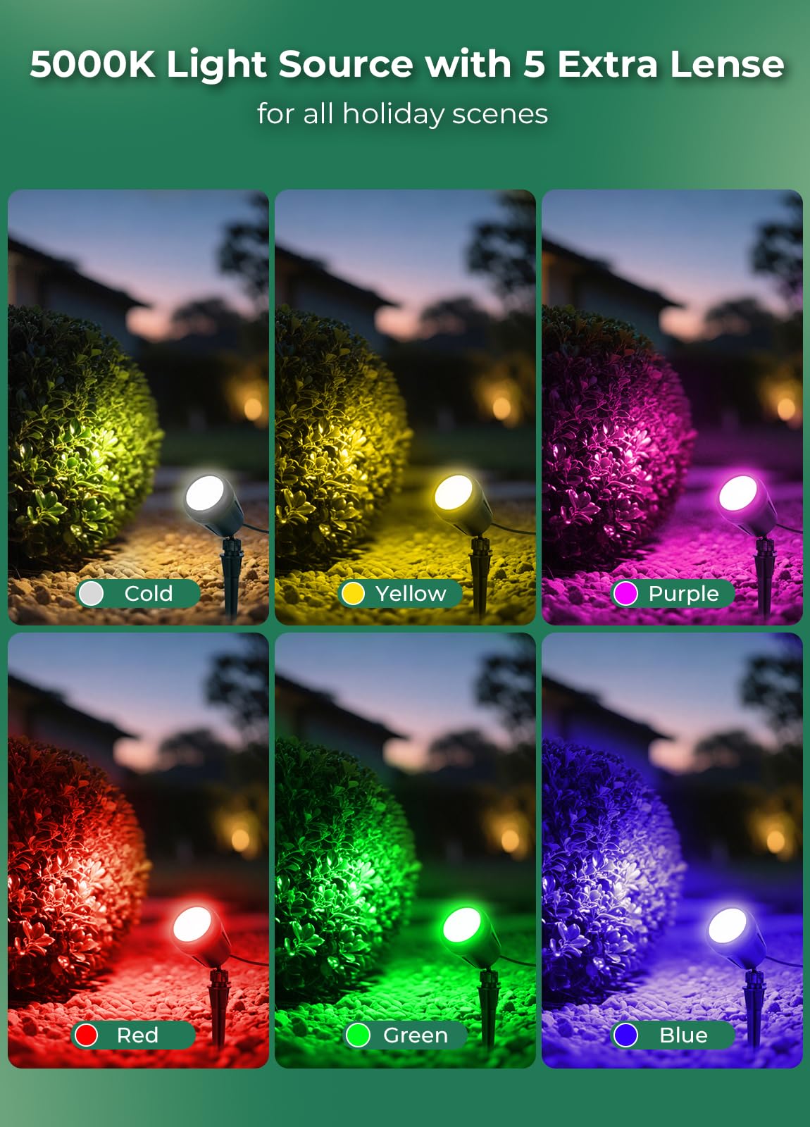 Halloween Spotlights Outdoor, 120V Plug-in Christmas Spot Light, 5000K LED Landscape Lighting with 5 Color Lenses (Red Green Blue Purple Yellow), IP67 Waterproof, 2 Pack