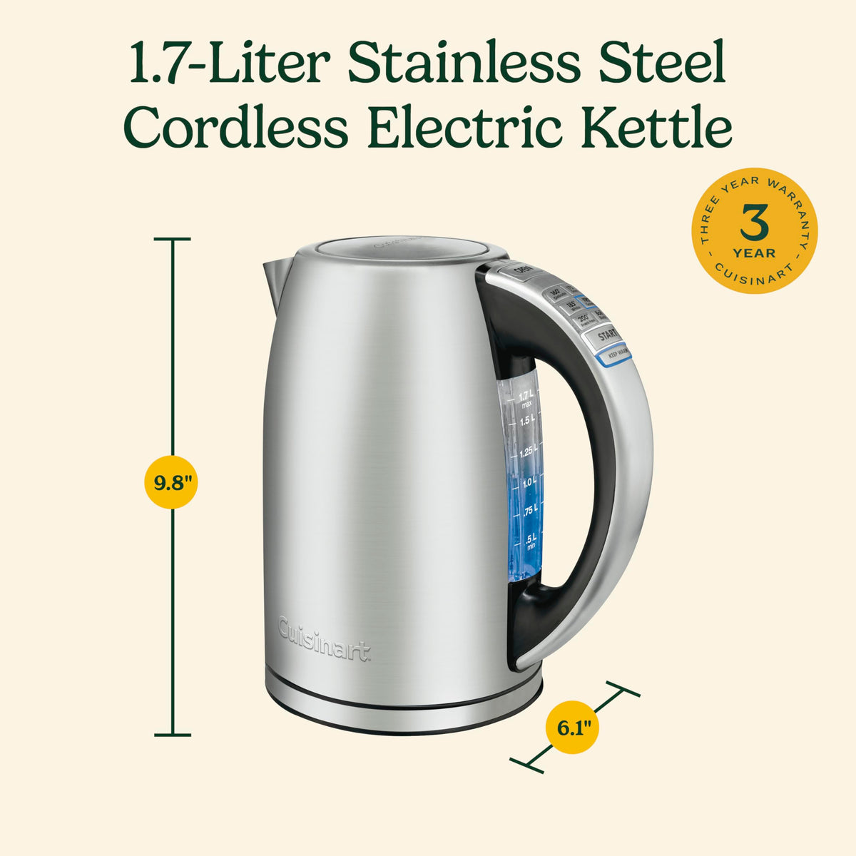 Cuisinart 1.7 L. Programmable Electric Kettle, Tea Kettle, CPK-17P1