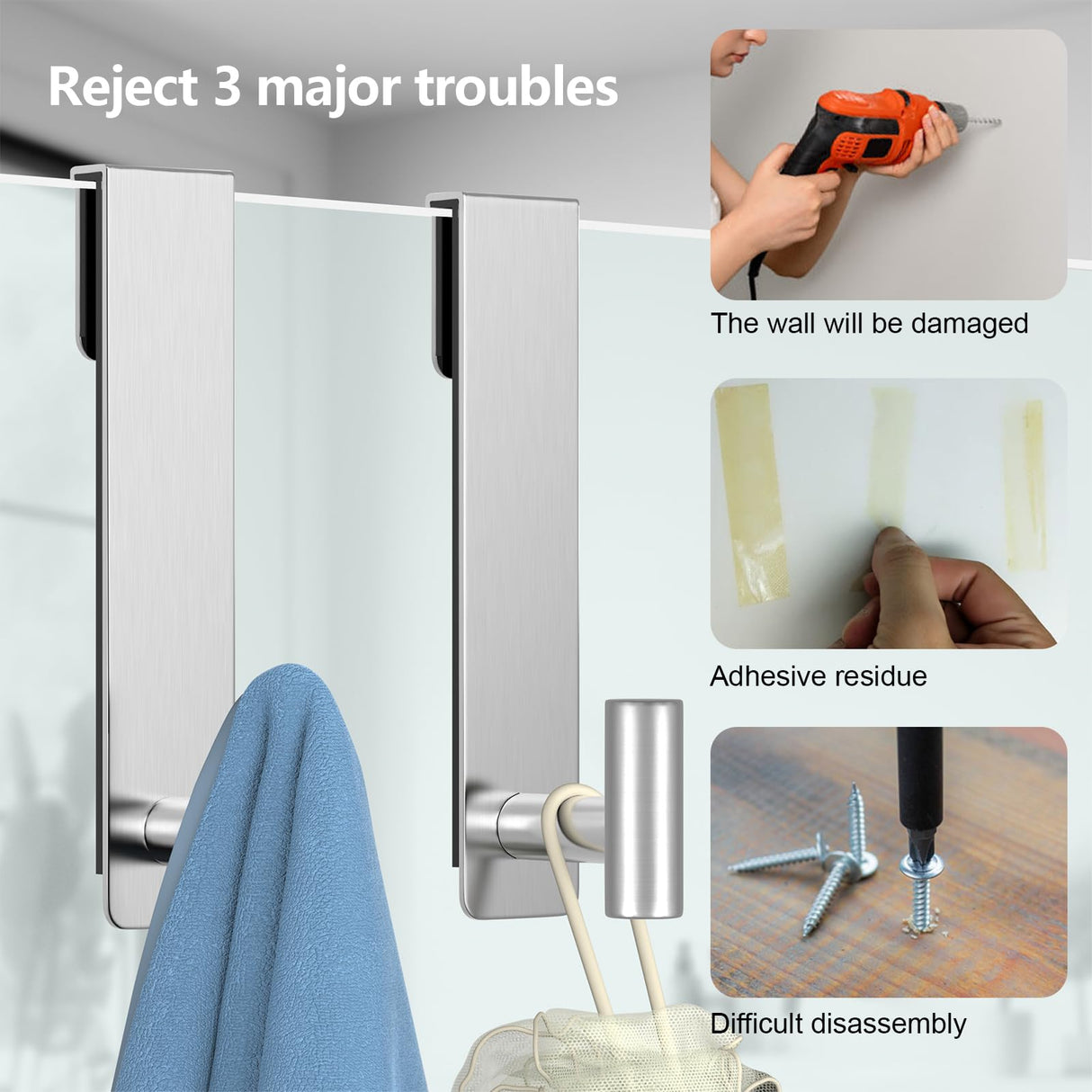 HUFEEOH Shower Towel Hooks, 7.5-Inch Extended Over Glass Shower Door Hanger for Towels & Robes, Rustproof Bathroom Towel Rack, 2-Pack (Silver, T Shape)