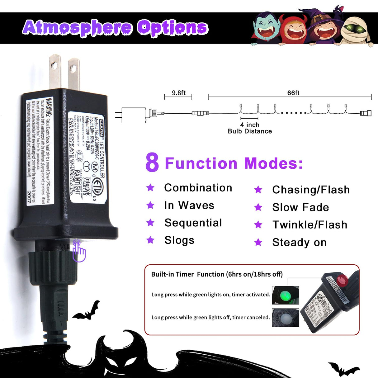 JMEXSUSS 200 LED 66ft Purple Halloween Lights, Connectable Halloween String Lights Plug in, 8 Modes Outdoor Christmas Tree Light for Patio Party Indoor Christmas Ceiling Room Decor