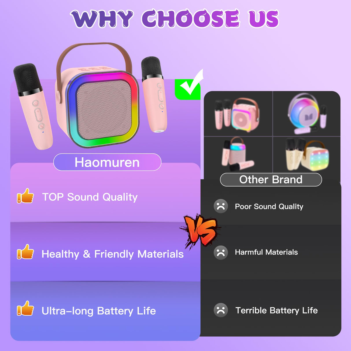 Mini Karaoke Machine for Kids, Haomuren Protable Bluetooth Speaker with 2 Wireless Microphone and LED Color Lights, Christmas Birthday Gifts Toys for Girls Boys Friends Age 3-12+ Years Old (Pink)