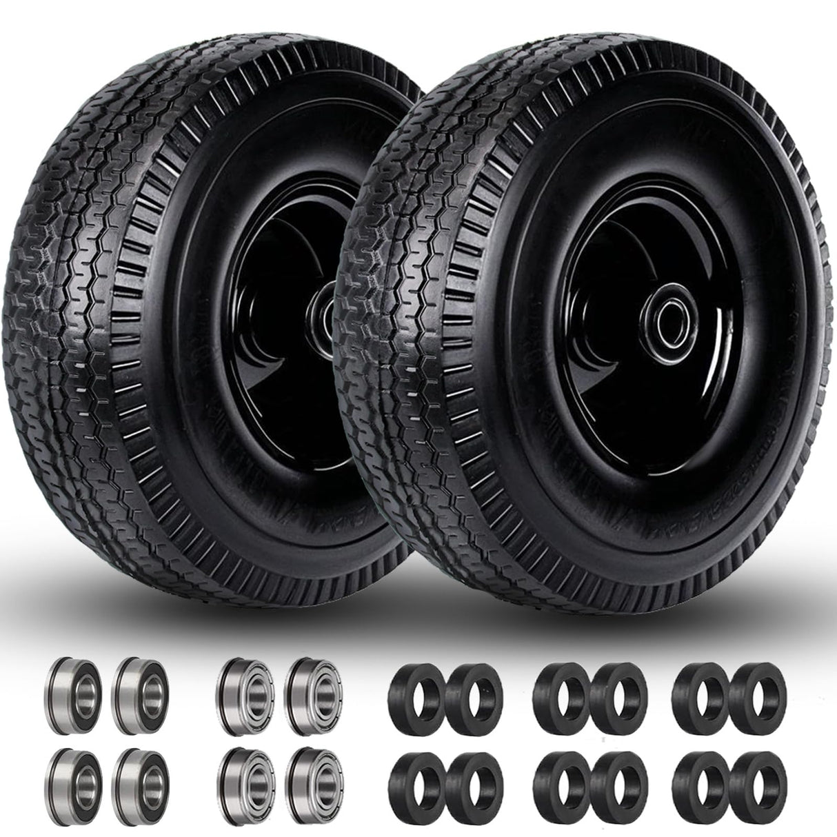 4.10/3.50-4" Tire and Wheel, 10" Solid Tire, 5/8" Bearing with 3/4" & 1/2" Extra Bearings, 4.10/3.50-4 Flat Free Wheels, 2.2" Offset Hub for Hand Truck Garden Wagon Cart Trolley Dolly - 2 Pack