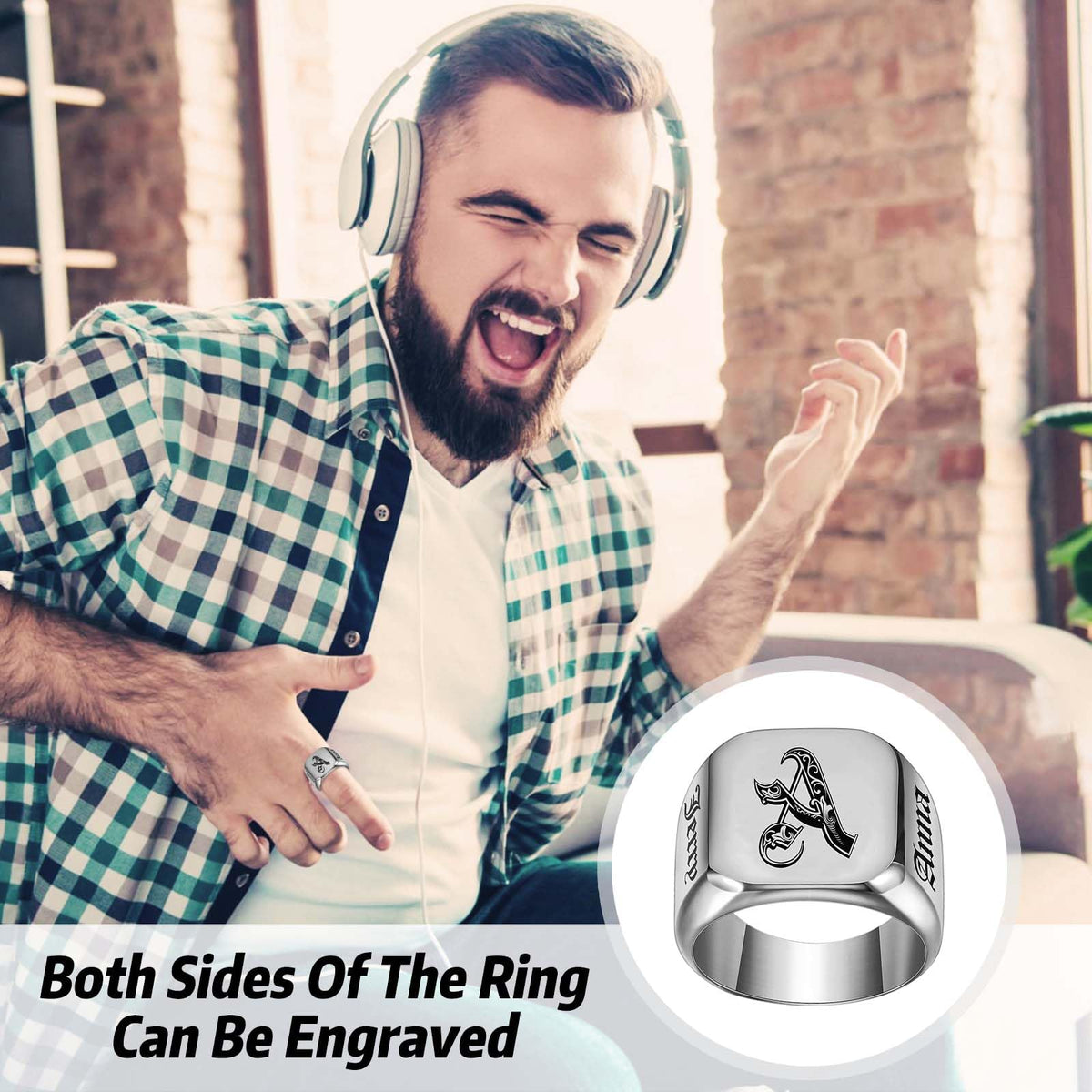 MOTICIUS Personalized Signet Rings for Men Women Engraved Ring Custom Initial Ring Mens Rings Customized Memorial Gifts for Father Husband Boyfriend Teacher (Square Silver)