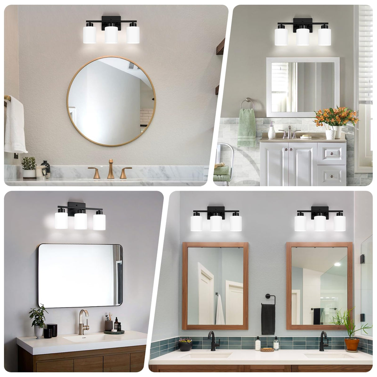 FonmYim Black Bathroom Light Fixtures, 3-Light Modern Vanity Light Over Mirror, Wall Sconces with Milky White Frosted Glass Shades, E26 Socket (Bulbs Not Included)