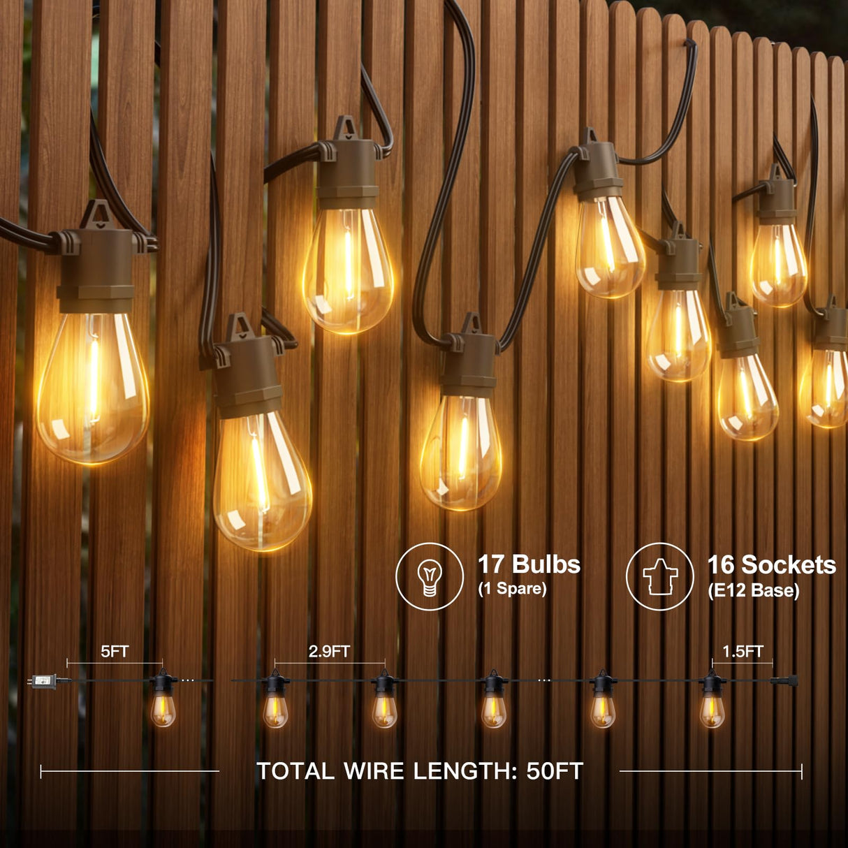 addlon 50FT LED Outdoor String Lights with Edison Shatterproof Bulbs, Weatherproof Strand, Commercial Grade Patio Lights, Decorative for Garden or Patio, Black