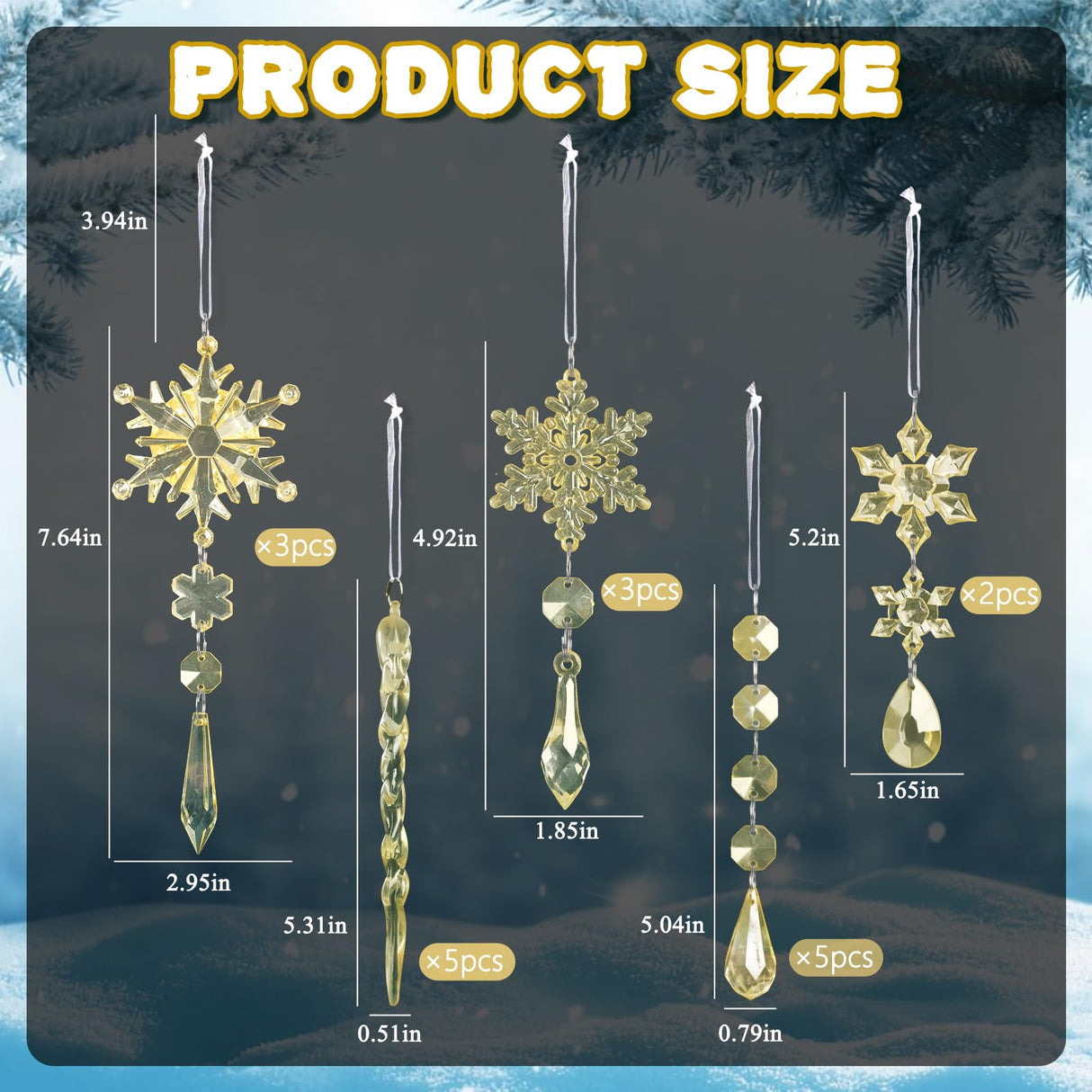 18pcs Crystal Christmas Ornaments for Christmas Tree Decorations-Gold Hanging Acrylic Snowflake and Icicle Ornaments with Drop Pendants for New Year Party Decorations Supplies