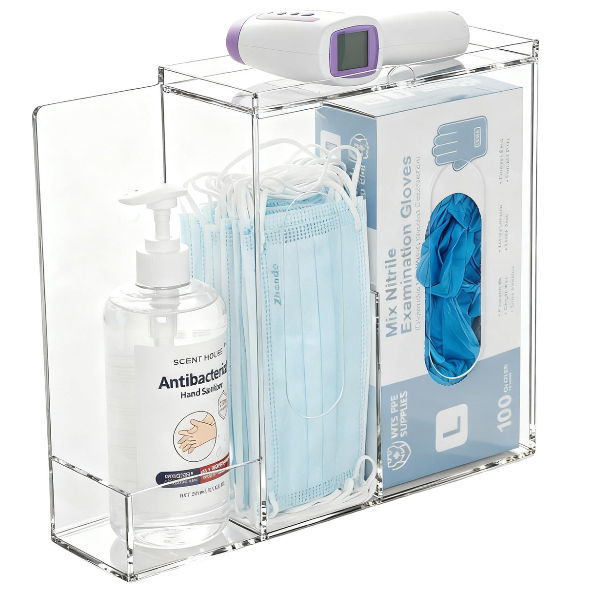 SEANADO Face Mask Dispenser 3 Compartment Acrylic Glove Box Holder Hygiene Station for Disposable Face Masks, Emesis Bag, Shoe Cover and Hairnet, Wall Mount Holes or Tabletop Holder (Clear)