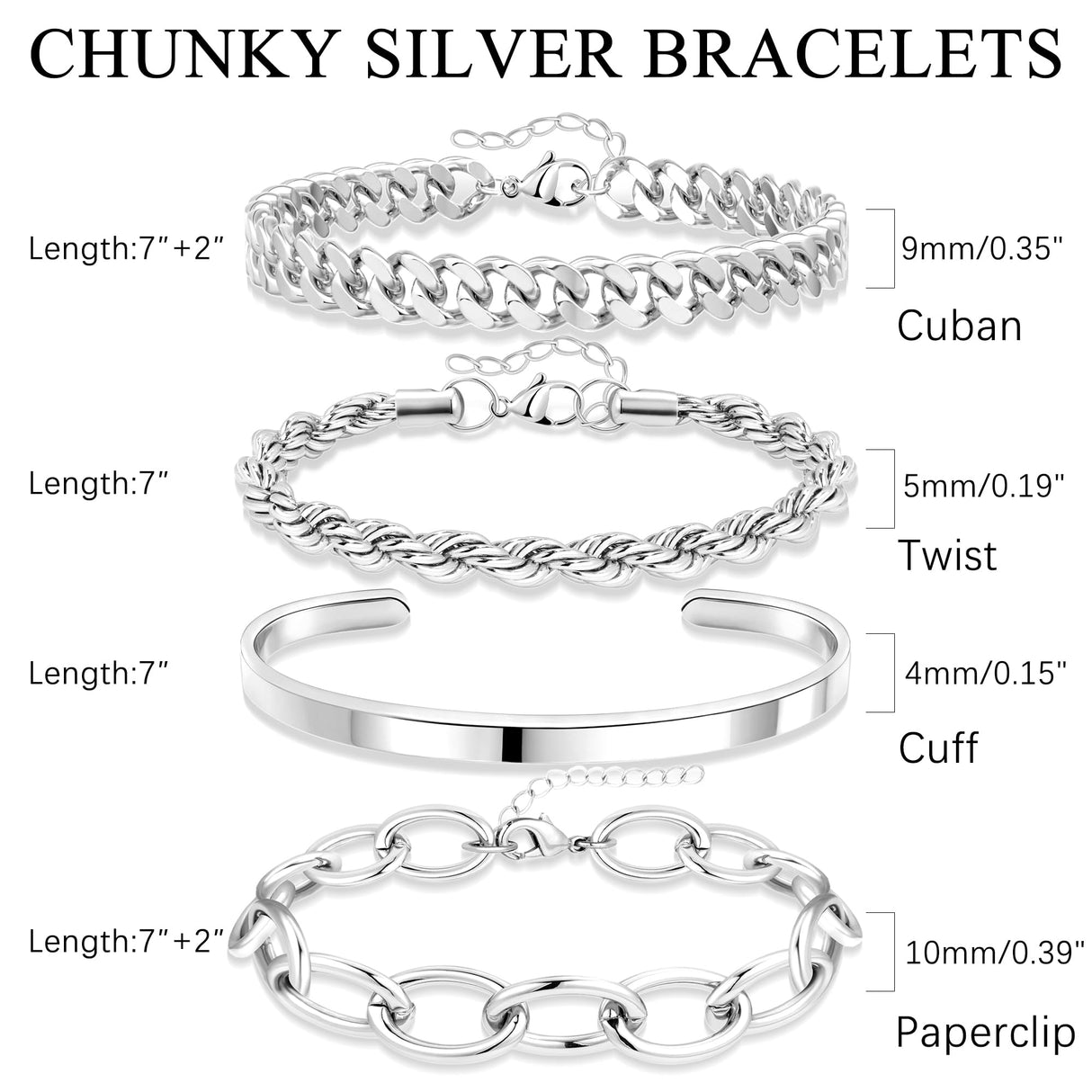 Gokeey Chunky S925 Sterling Silver Bracelets for Women Non Tarnish,Dainty Hypoallergenic Sliver Bracelet Stack Layered Cuban Paperclip Twist Link Chain Bracelets for Jewelry Gifts Waterproof