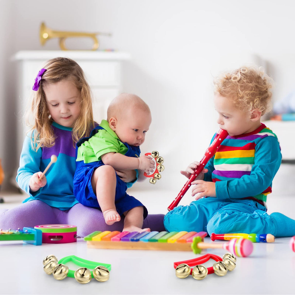 Yeshone 32 Pcs Hand Bells Jingle Bells Bulk Back to School Supplies Tambourine Noise Makers for Kids Adults Musical Instruments Church School Concert Birthday Party Operation Christmas Gifts