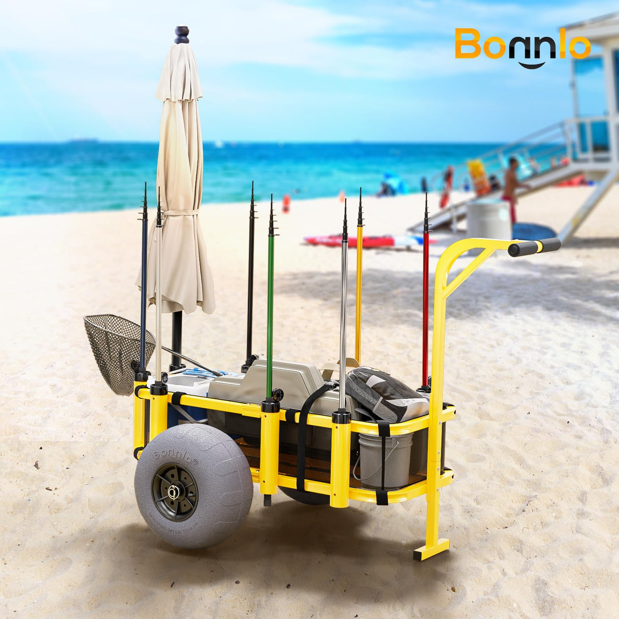 Bonnlo Fishing Cart, Beach Wagon with 13" Big Wheels for Sand, Beach Cart, 300 lbs Load Capacity, 8 Fishing Rods Holders, Mesh Bag, Hand Pump