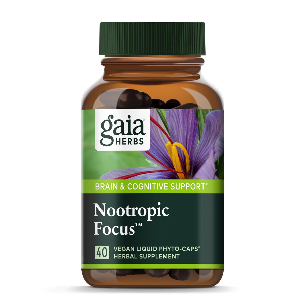 Gaia Herbs Nootropic Focus - Brain & Cognitive Support Supplement to Help Maintain Healthy Concentration* - with Saffron, Lemon Balm & Spearmint - 40 Liquid Phyto-Capsules (Up to 20-Day Supply)