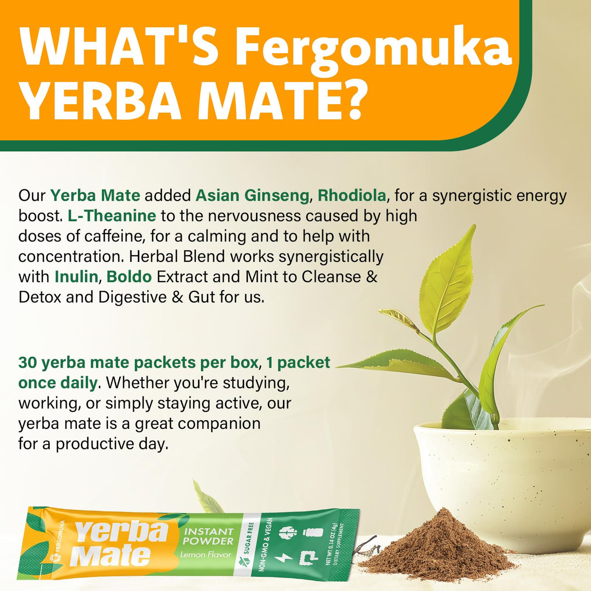 Yerba Mate 4000mg, 10 in 1 Yerba Mate Tea Instant Powder - No Sugar Content, Clean Energy with No Crash, Stay Refreshed and Focused, with Ginseng & Rhodiola, Prebiotic & L-Theanine, 30 Packets (Lemon)