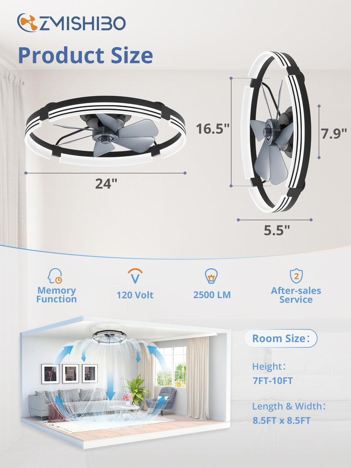ZMISHIBO 24 Inch Low Profile Ceiling Fans with Lights and Remote, 3000K-6000K Dimmable Fandelier LED Fan Light, Flush Mount Ceiling Fan with Light, 6 Wind Speeds Ceiling Fans for Bedroom- Black
