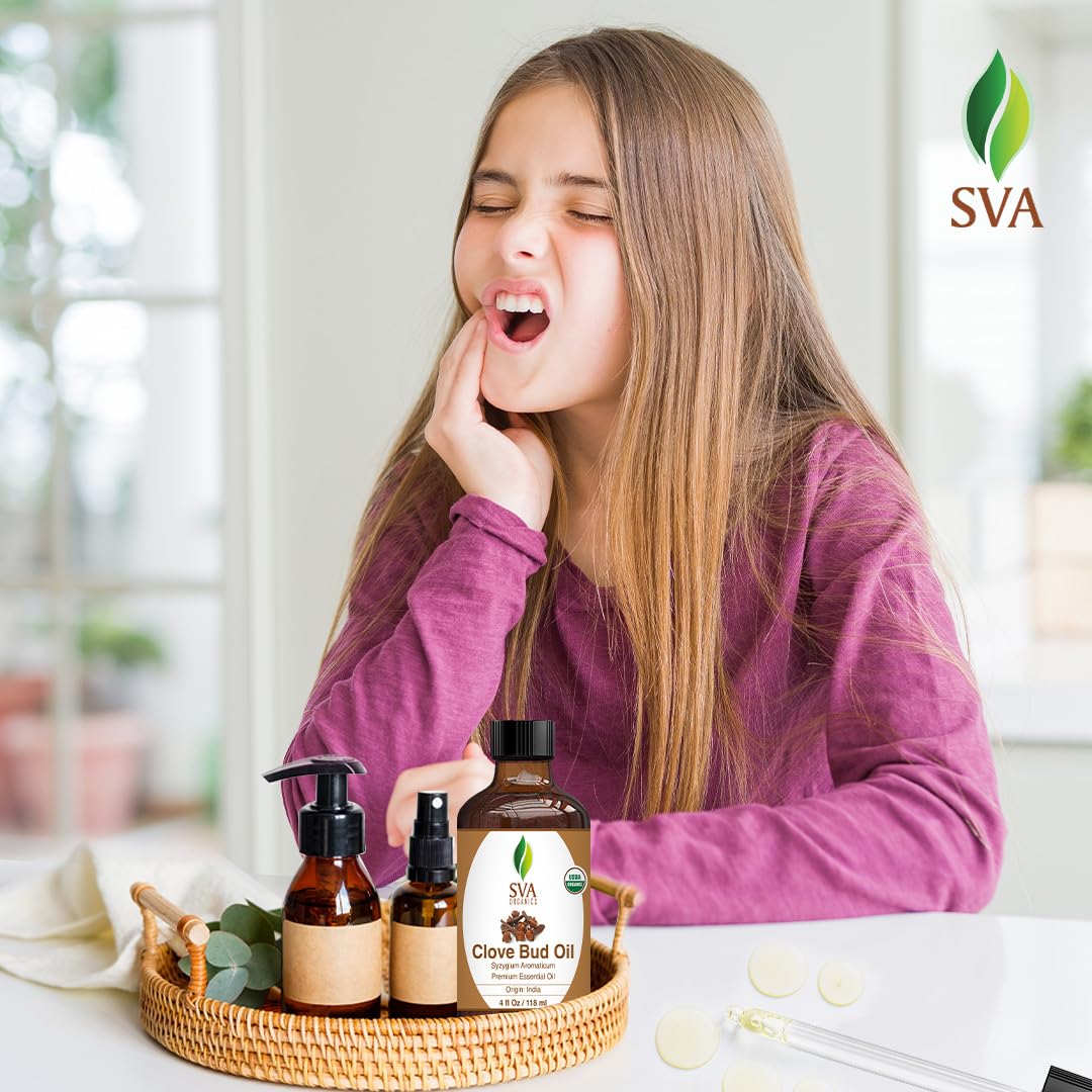 SVA Clove Essential Oil Organic – 4 Fl Oz – 100% Natural Organic Clove Oil - for Diffuser, Hair Care, Face, Skin Care, Aromatherapy, Scalp and Body Massage, Soap and Candle Making - with Dropper
