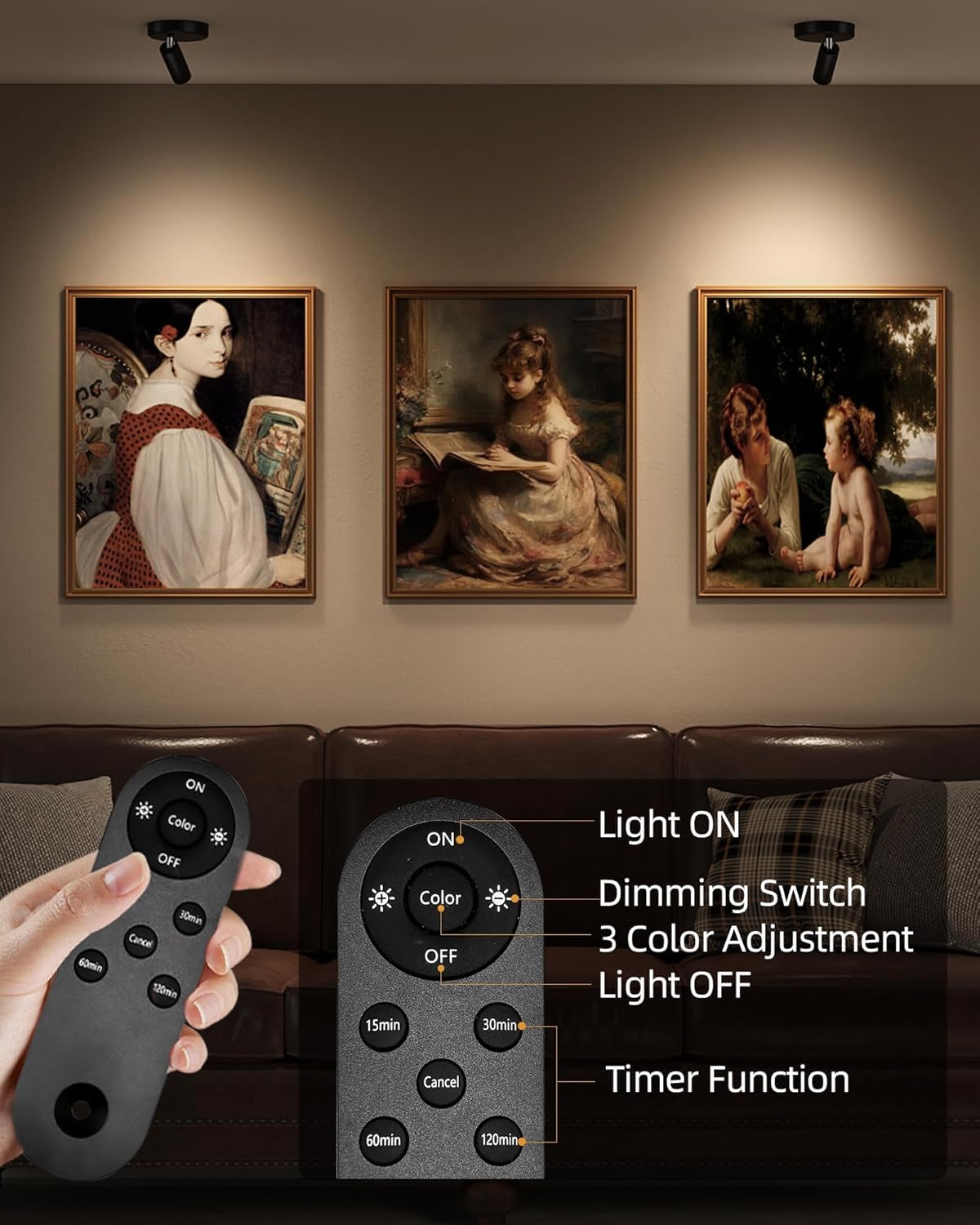 EZVALO Spotlights Indoor with Remote, 5500mAh Rechargeable Picture Lights, Wireless LED Uplighting with Timer&Dimmable, 3CCT, Display Lights for Plant Painting, Artwork, Accent Lighting (2Pack-Black)