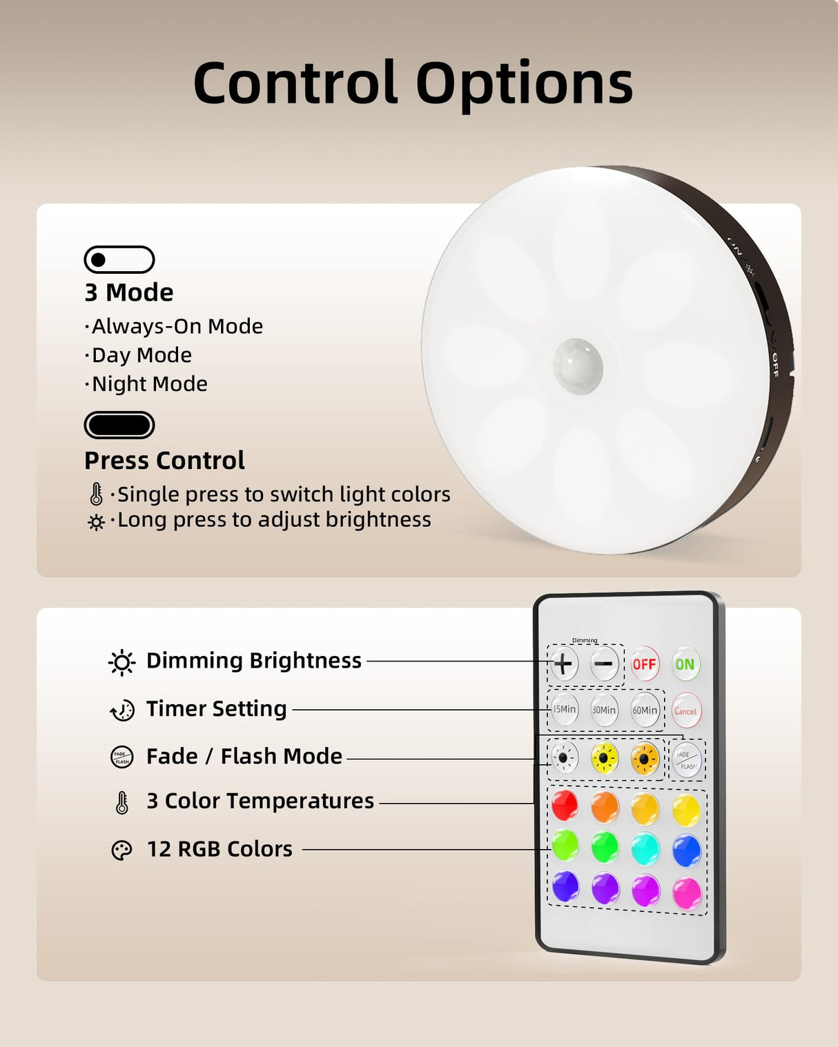 EZVALO Under Cabinet Lighting,1000mAh Rechargeable Puck Lights with Remote,3 Color Temps & 12 RGB Motion Sensor Closet Lights Indoor,Dimmable Under Cabinet Lights for Kitchen,Cabinets,Closet (3 Packs)