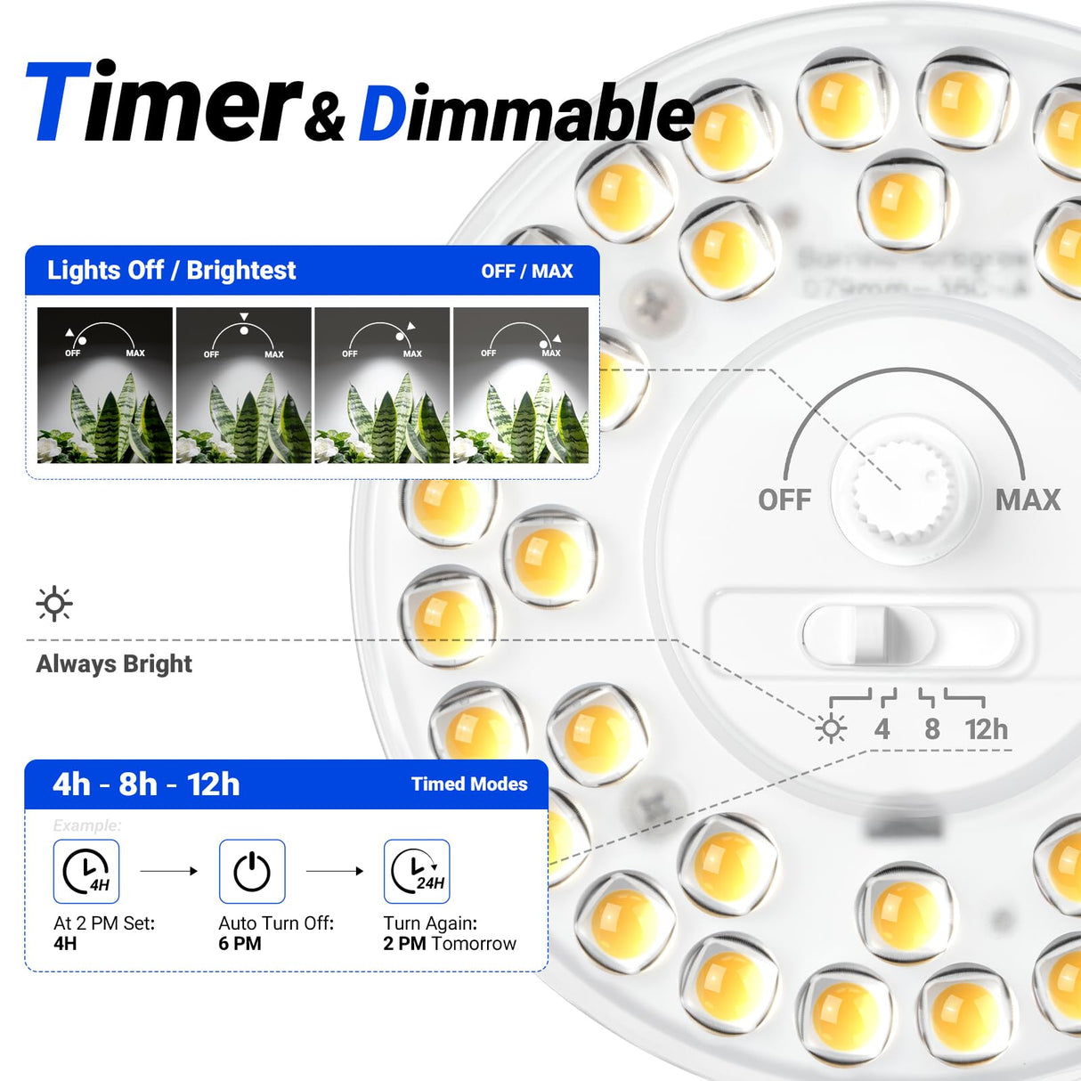 Barrina Orbgrow OG11A Grow Light Bulbs for Indoor Plants, Integrated Dimming & Timing, 5000K 44W(4 x 11W, 400 Watt Equiv), E26 Plant Light Bulb, Full Spectrum for Seeds and Greens, 4 Packs, White