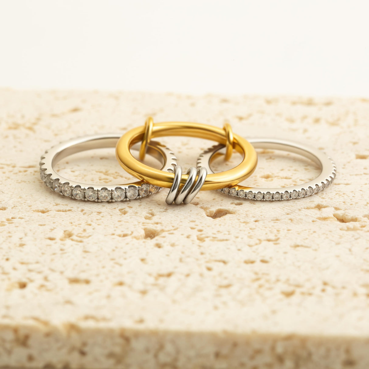 Bopiu Gold Stackable Rings for Women Non Tarnish, 18k Gold Plated Cubic Zirconia Rings, Silver Gold Multi Ring Mixed Metals Stack Rings Set (2 stones rings, 7)