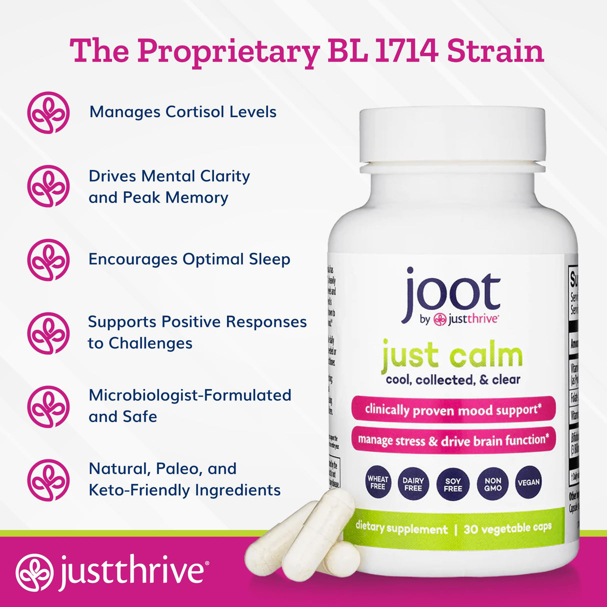 Just Thrive - Just Calm - Cortisol Manager - Calming, Memory, and Mood Support Supplement - Vegan, 30 Calm Capsules