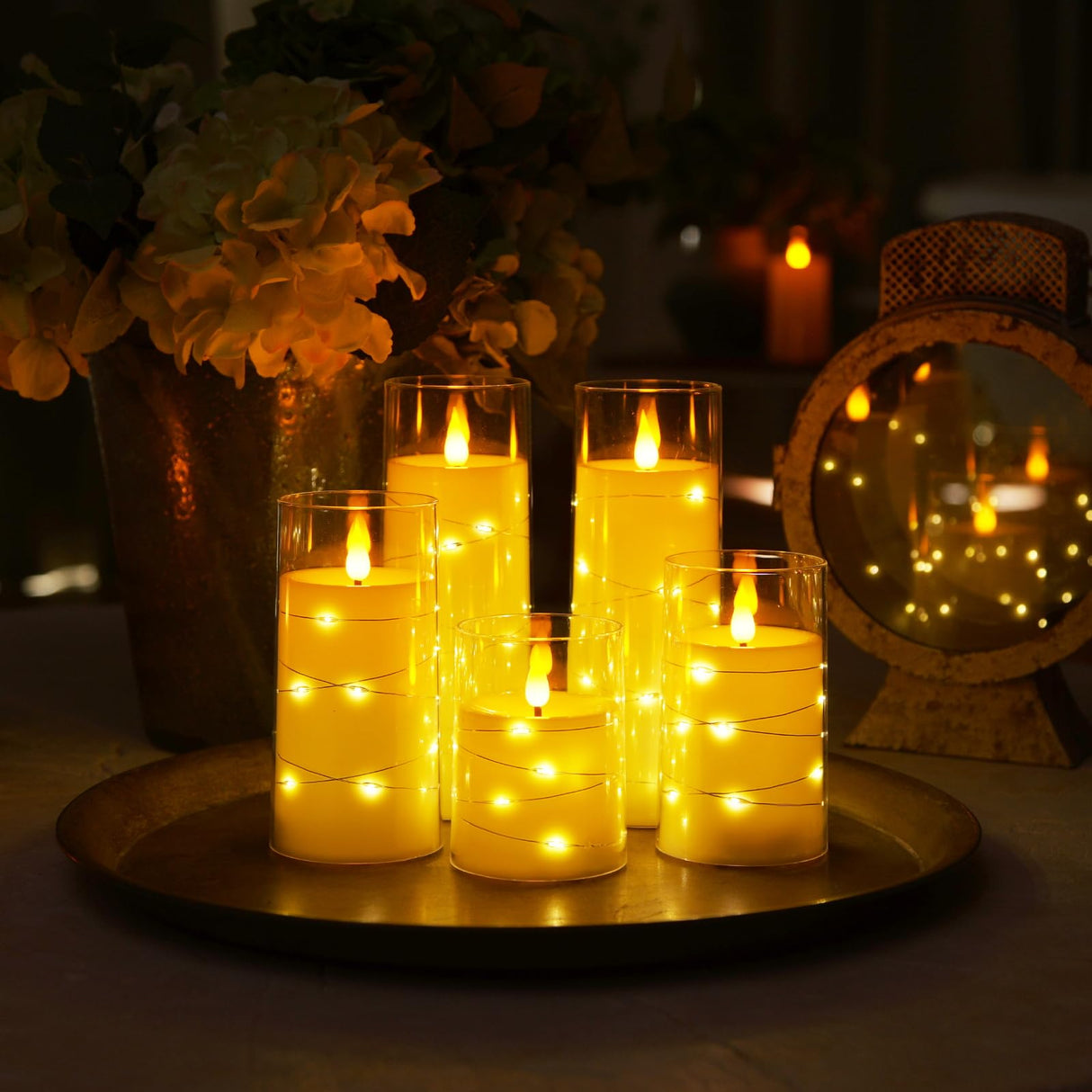 Homemory 9 Pcs Flameless Candles with Embedded Star String Fairy Lights, Battery Operated Candles, LED Candle, Fake Candles with Remote Control and Timer (Ivory)
