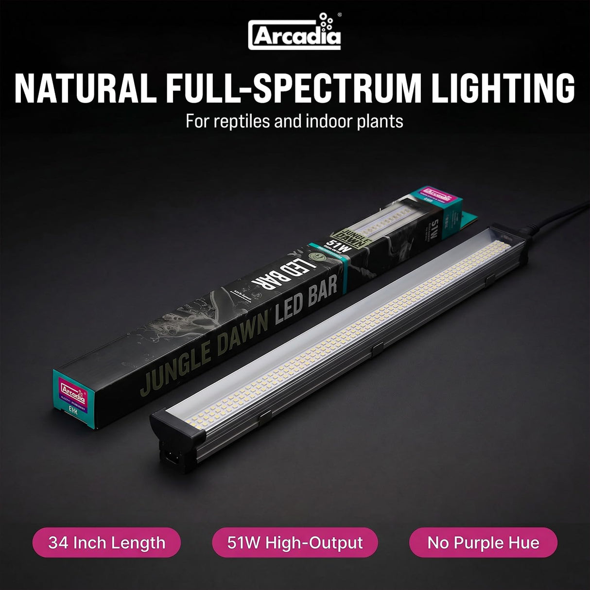 Arcadia Jungle Dawn LED Bar 34" Long 51 Watts High Lumen Output – High Output LED Light Bars for Reptiles, Terrariums, Plants and Indoor Use, Long Lasting Easy to Use Natural Plant Grow Lighting