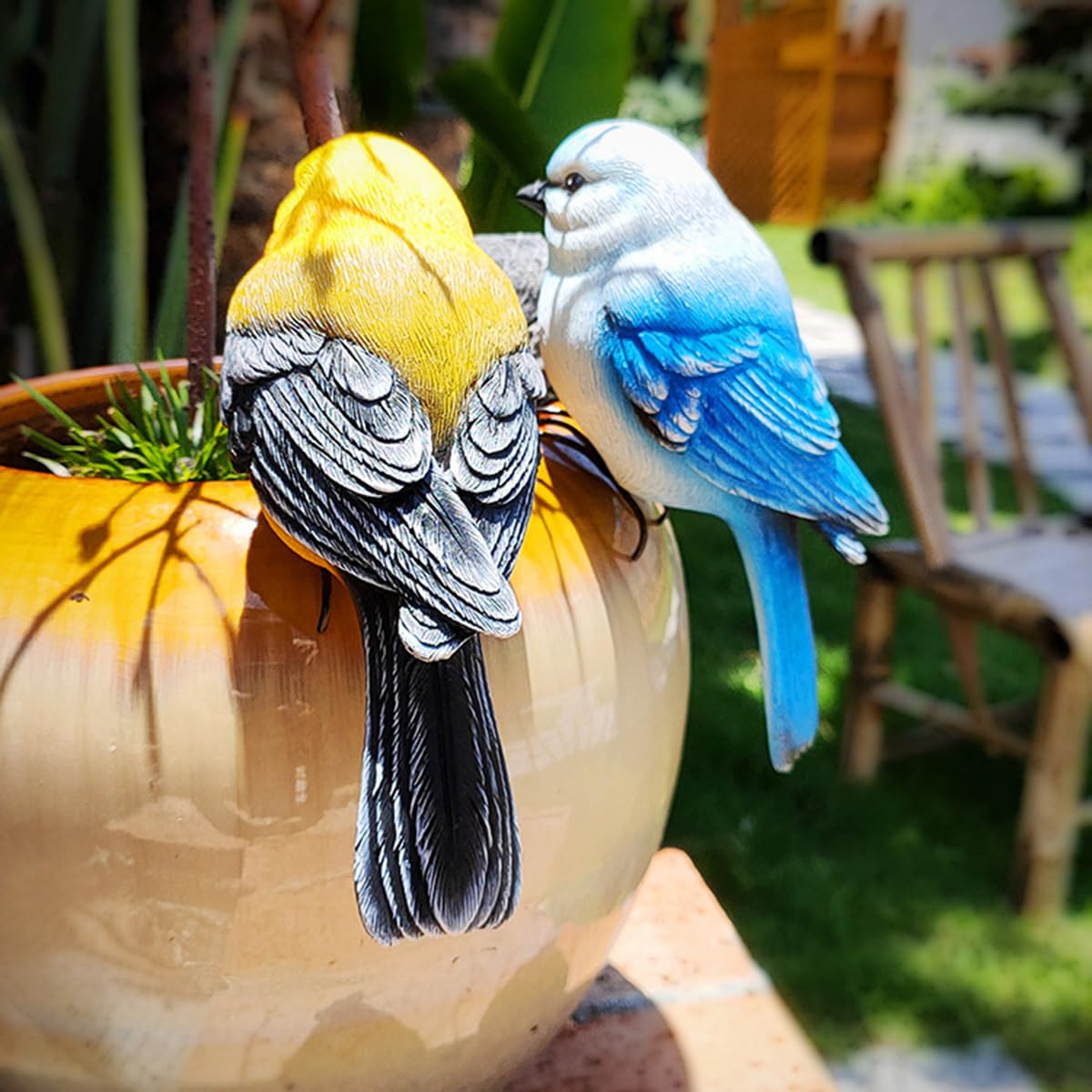 JARPSIRY Garden Bird Statue Flower Pot Hugger Outdoor Decor for Tree, 6.7" Tall Resin Bird Figurine Plant Pot Decorations for Fence Balcony Patio Lawn Yard Ornaments (Yellow)