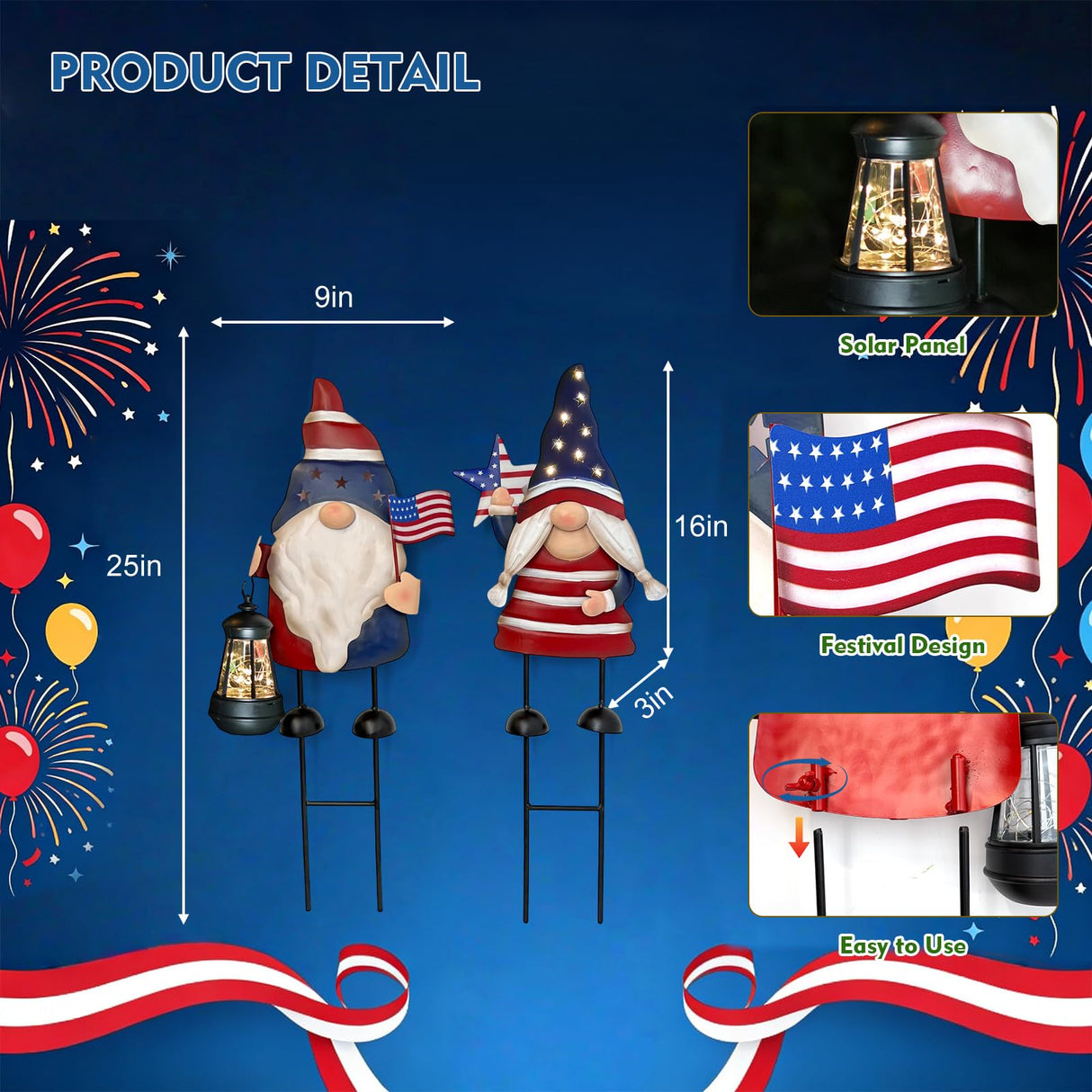 HONGLAND Solar Patriotic Gnomes Garden Stakes - 4th of July Decorations 25" American Flag Garden Gnomes Outdoor Decor for Outdoor & Memorial Day Yard Art 2 Pack