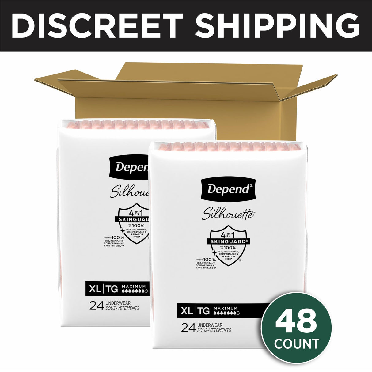 Depend Silhouette Adult Diapers, Incontinence & Postpartum Bladder Leak Underwear for Women, Maximum Absorbency, Extra Large, Pink, 48 Count (2 Packs of 24), Packaging May Vary